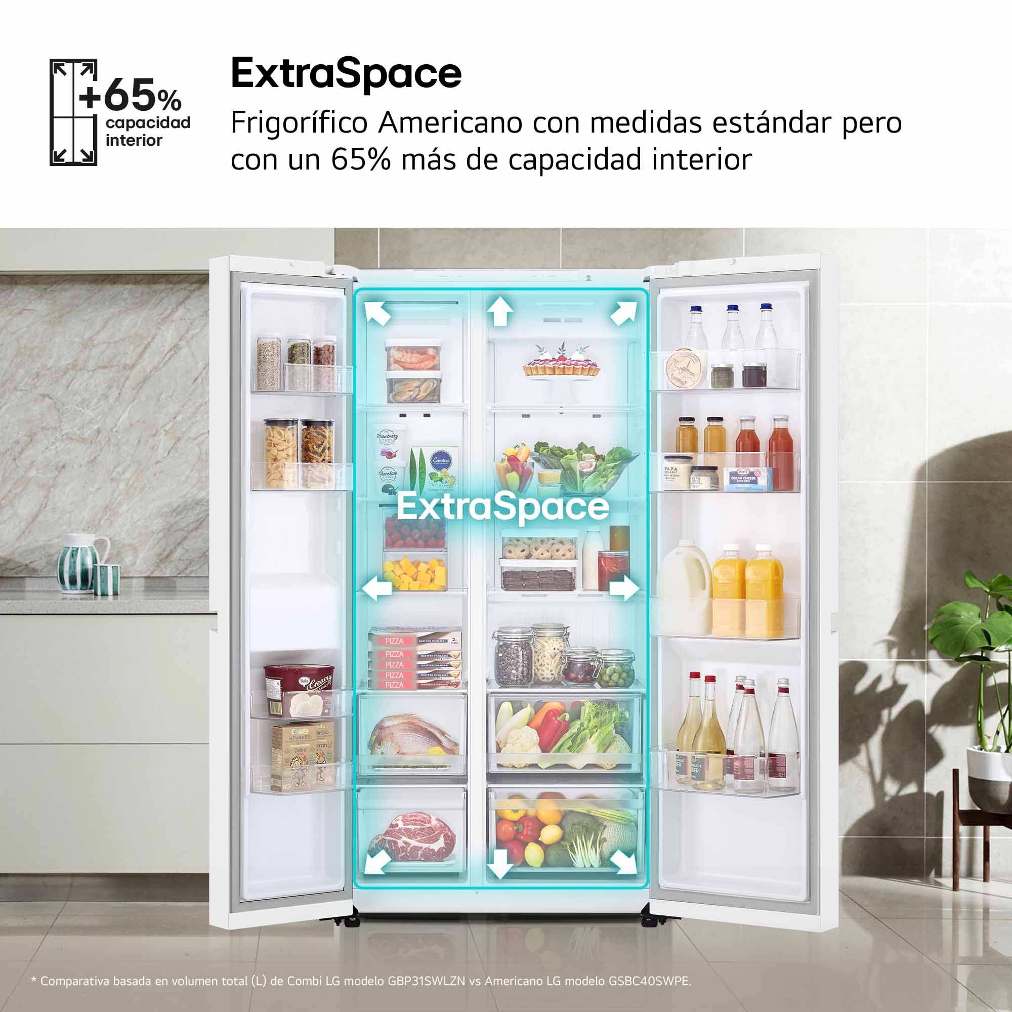 Refrigerador blanco con puertas abiertas, mostrando el interior con alimentos y estantes, flechas indicando espacio.
