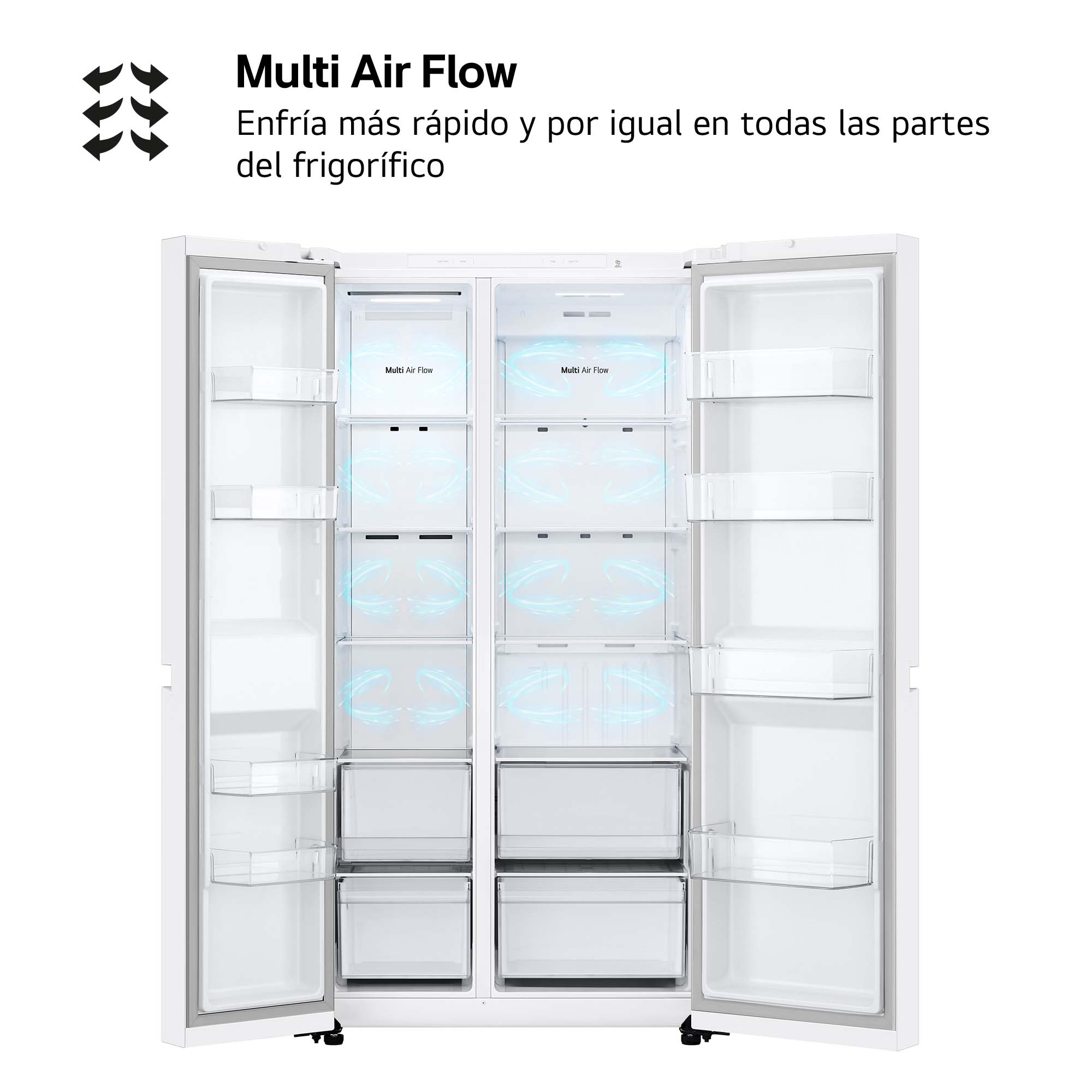 Refrigerador blanco con puertas abiertas, mostrando estantes y comida.