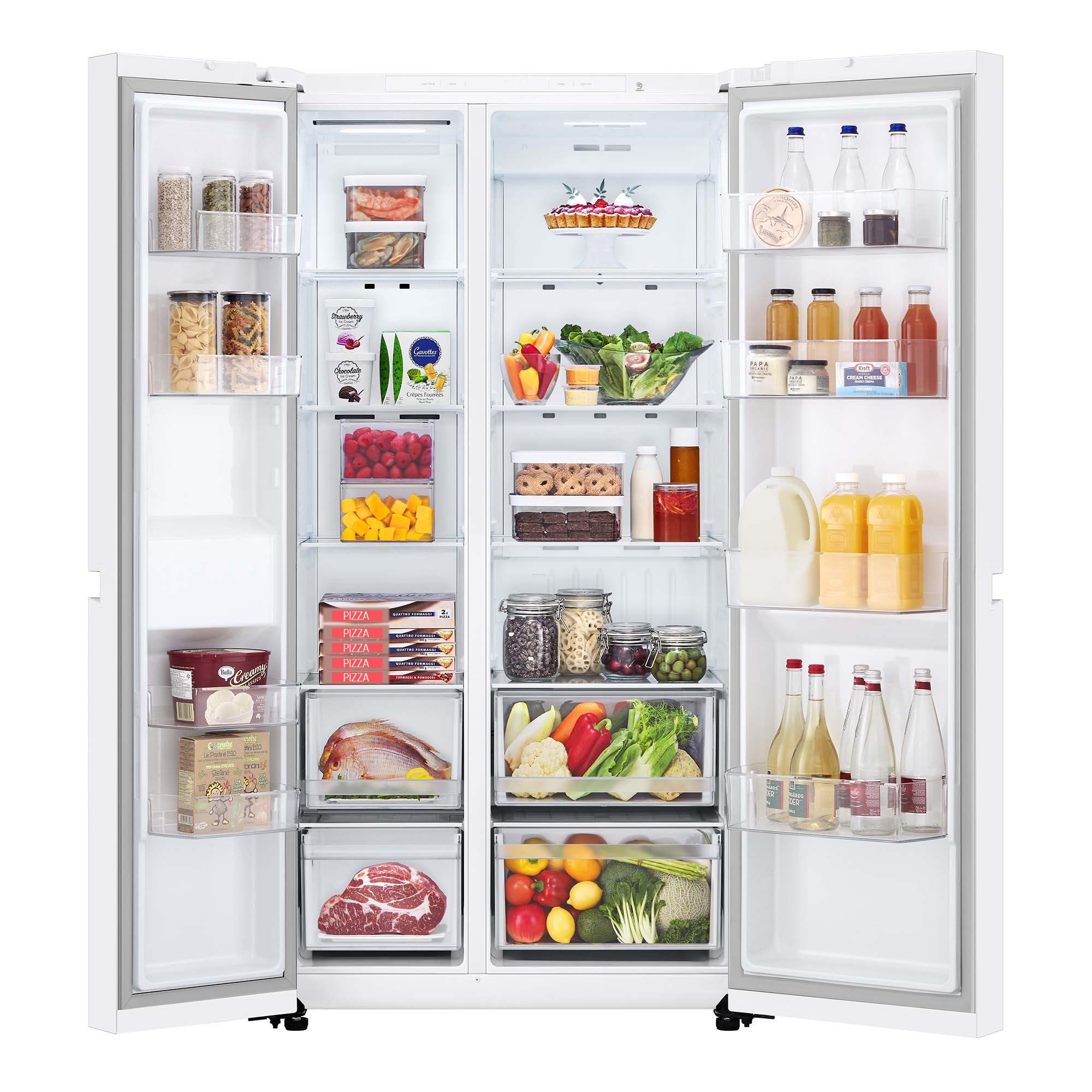 Un frigorífico LG con las puertas abiertas, lleno de alimentos. El frigorífico es blanco.