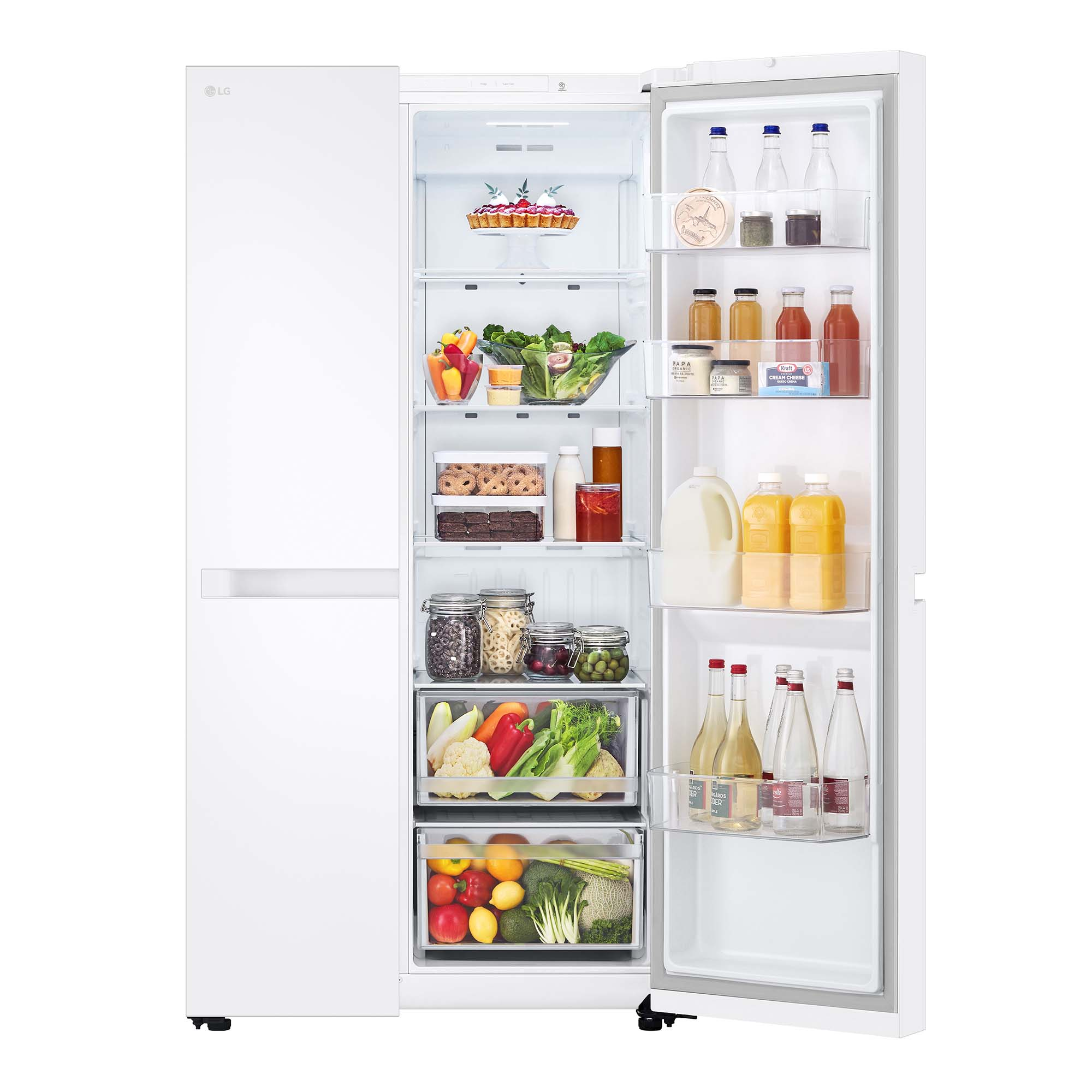 Un refrigerador blanco con las puertas abiertas que revelan comestibles.
