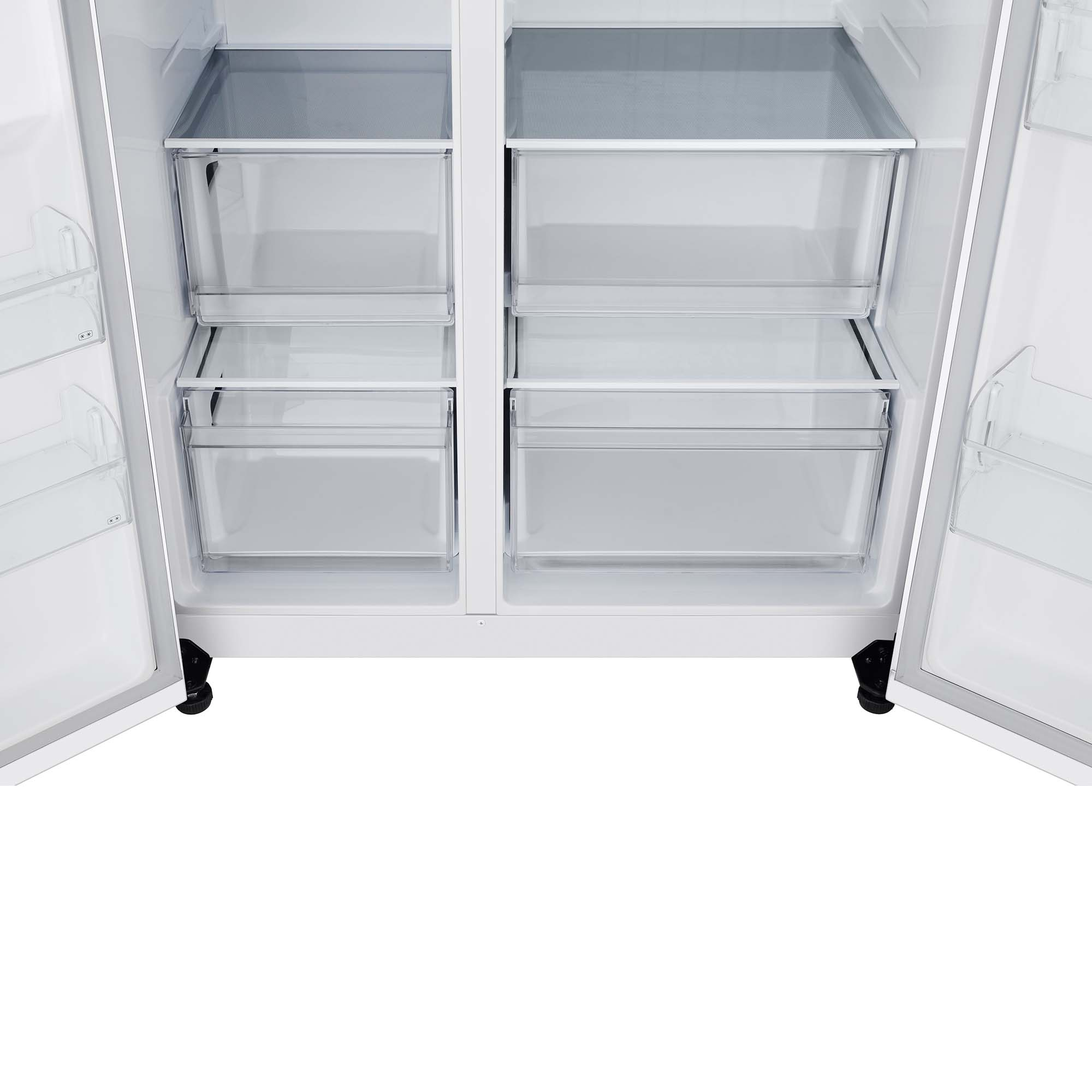Un refrigerador abierto con estantes y cajones de vidrio. Interior blanco, vacío.