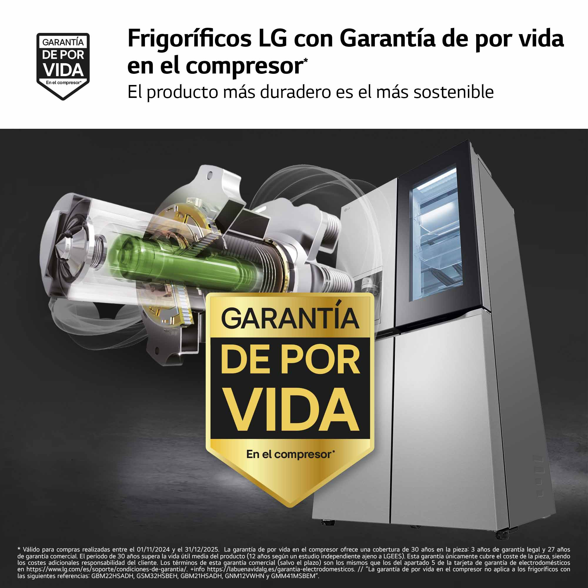 Un anuncio de un refrigerador, con una vista detallada del compresor.