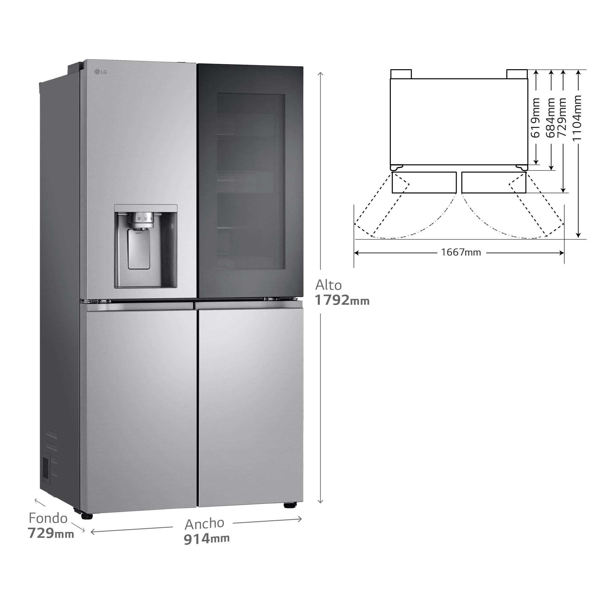Refrigerador LG plateado y negro con diagrama de dimensiones y texto.