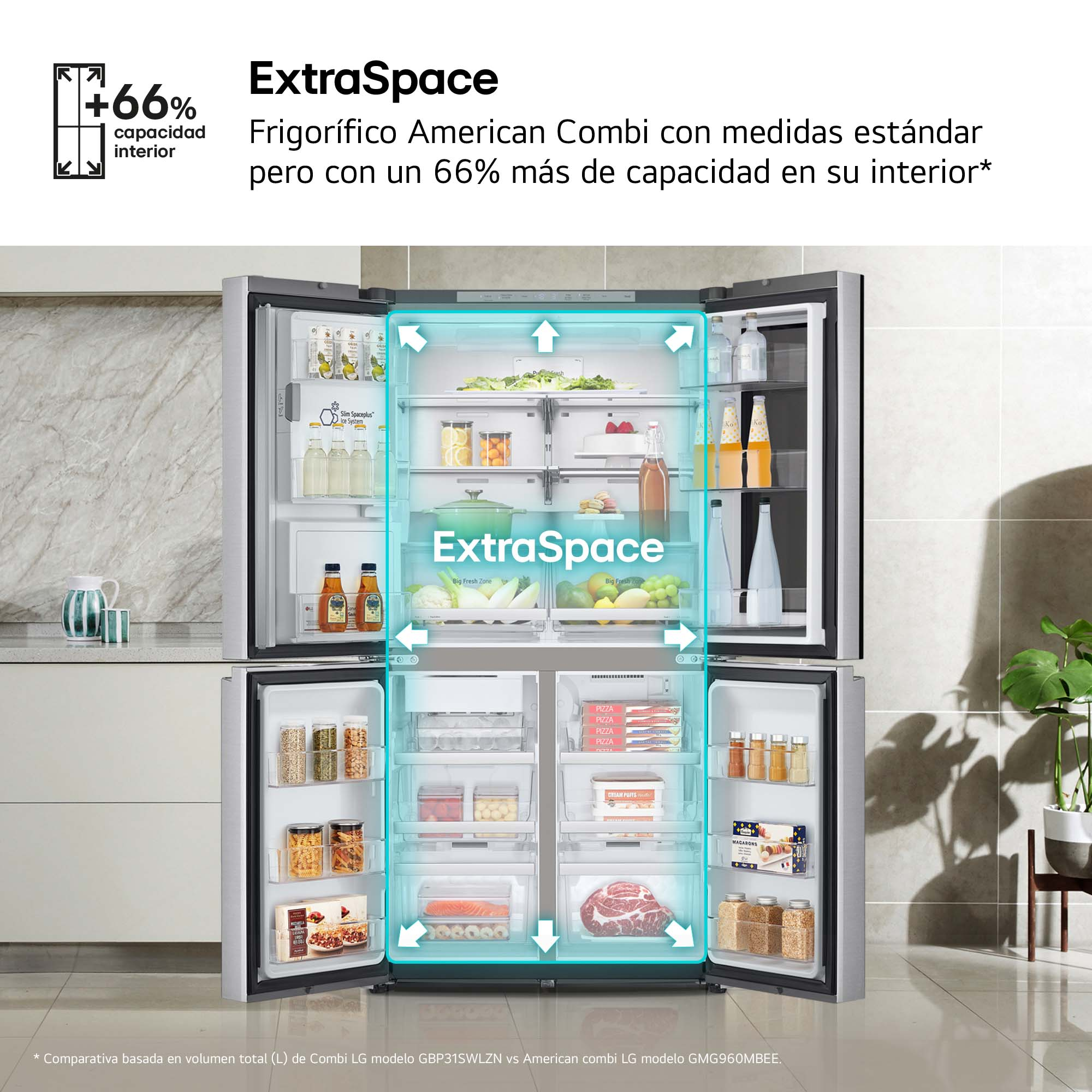 Frigorífico abierto que muestra el interior. Tiene dos secciones, con espacio extra.