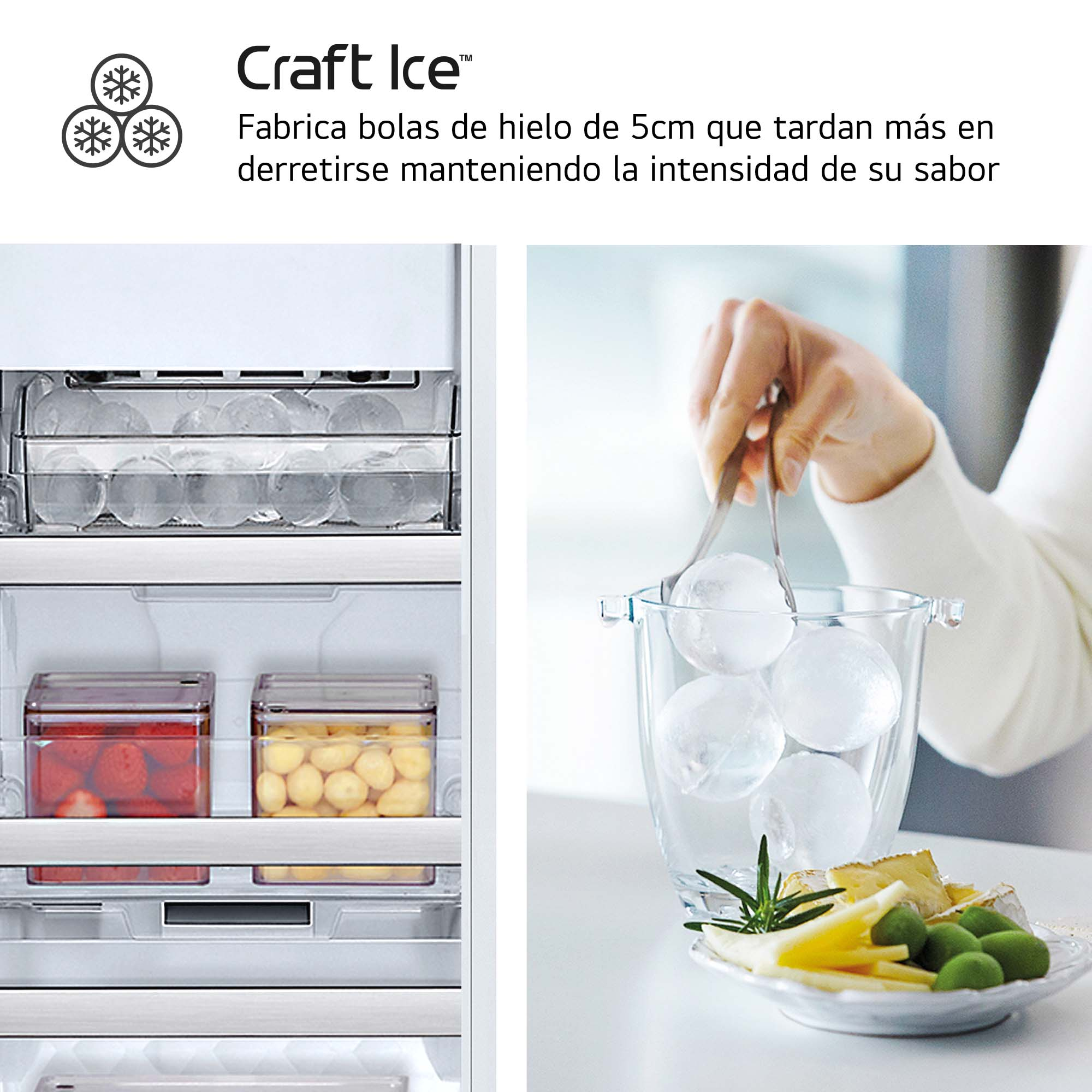 Una persona sosteniendo cubitos de hielo con pinzas, con texto Craft Ice y cubitos de hielo.