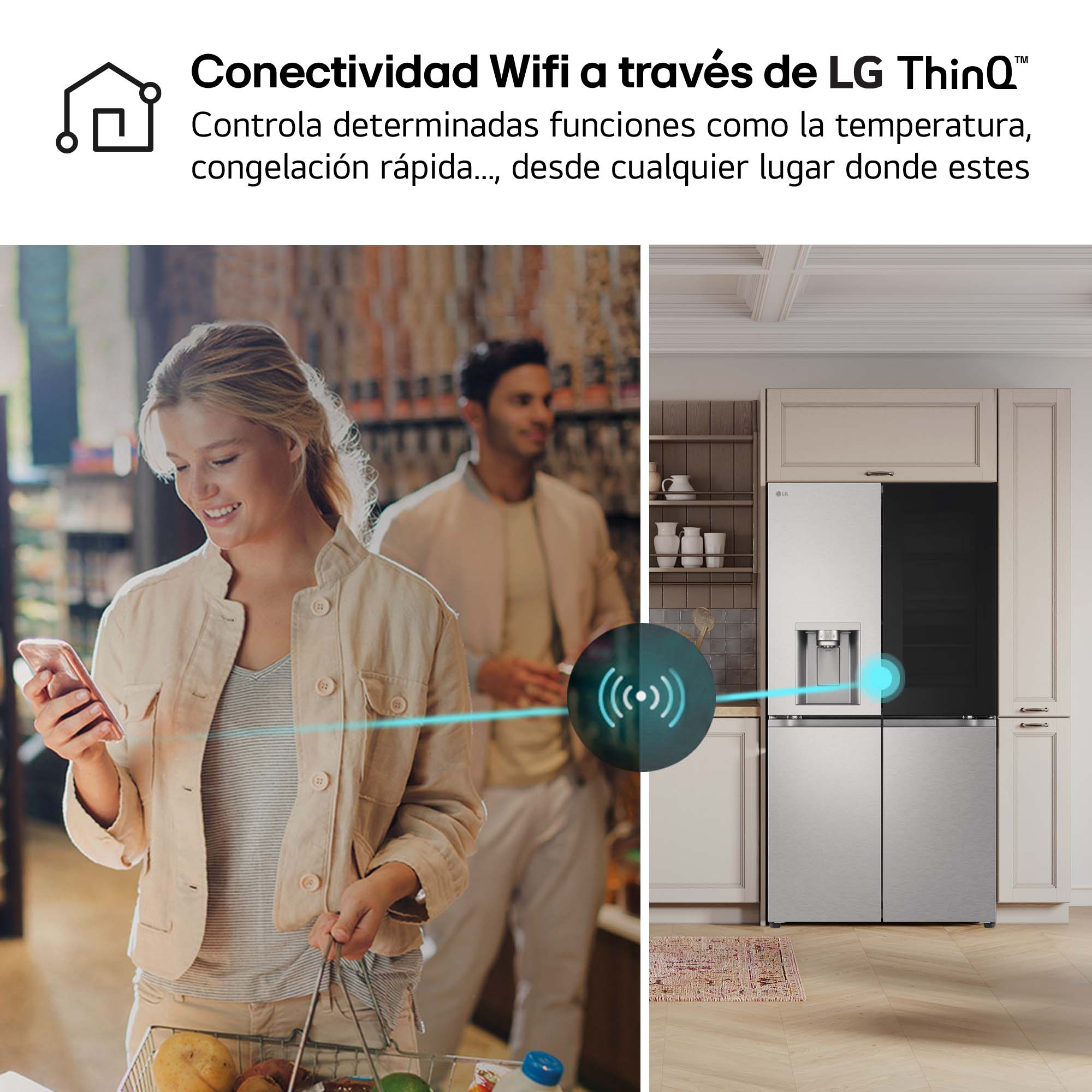Mujer en tienda usa teléfono cerca de un refrigerador con conexión Wi-Fi.