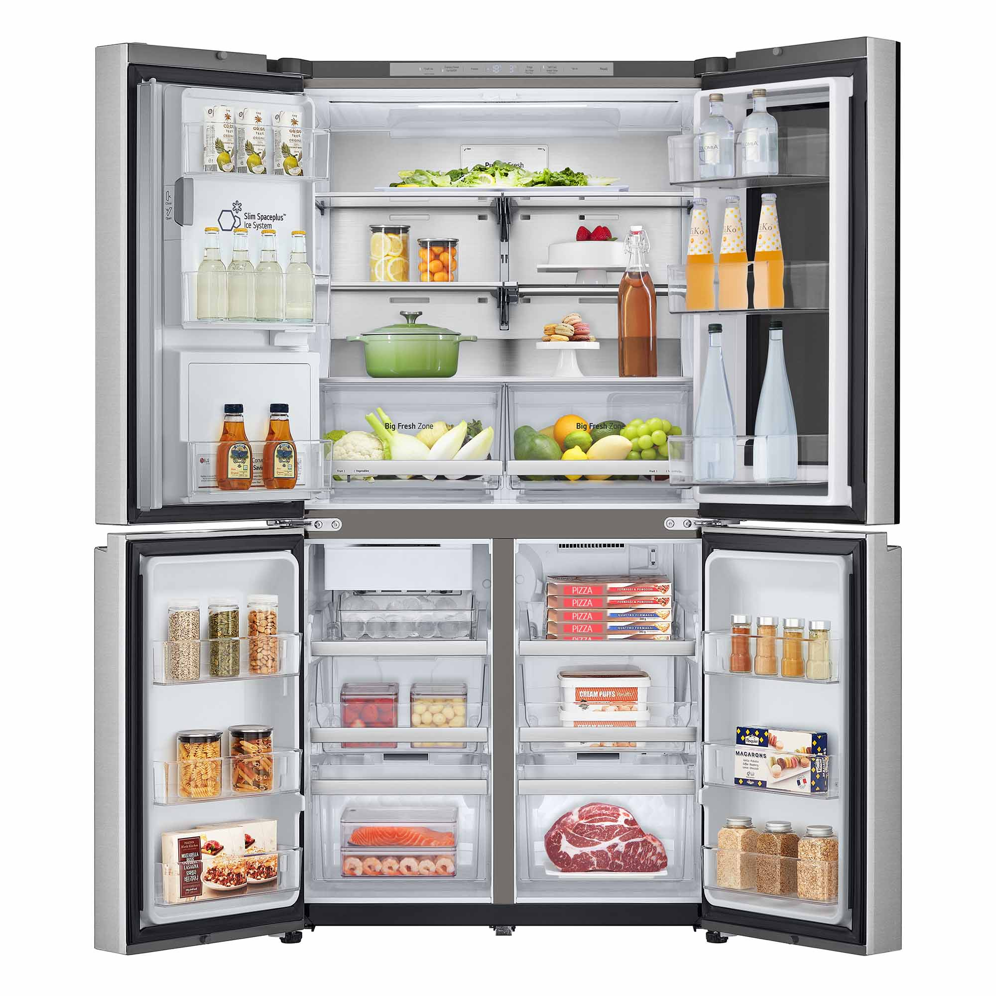 Refrigerador abierto lleno de alimentos, incluyendo frutas, verduras, bebidas y comidas preparadas.