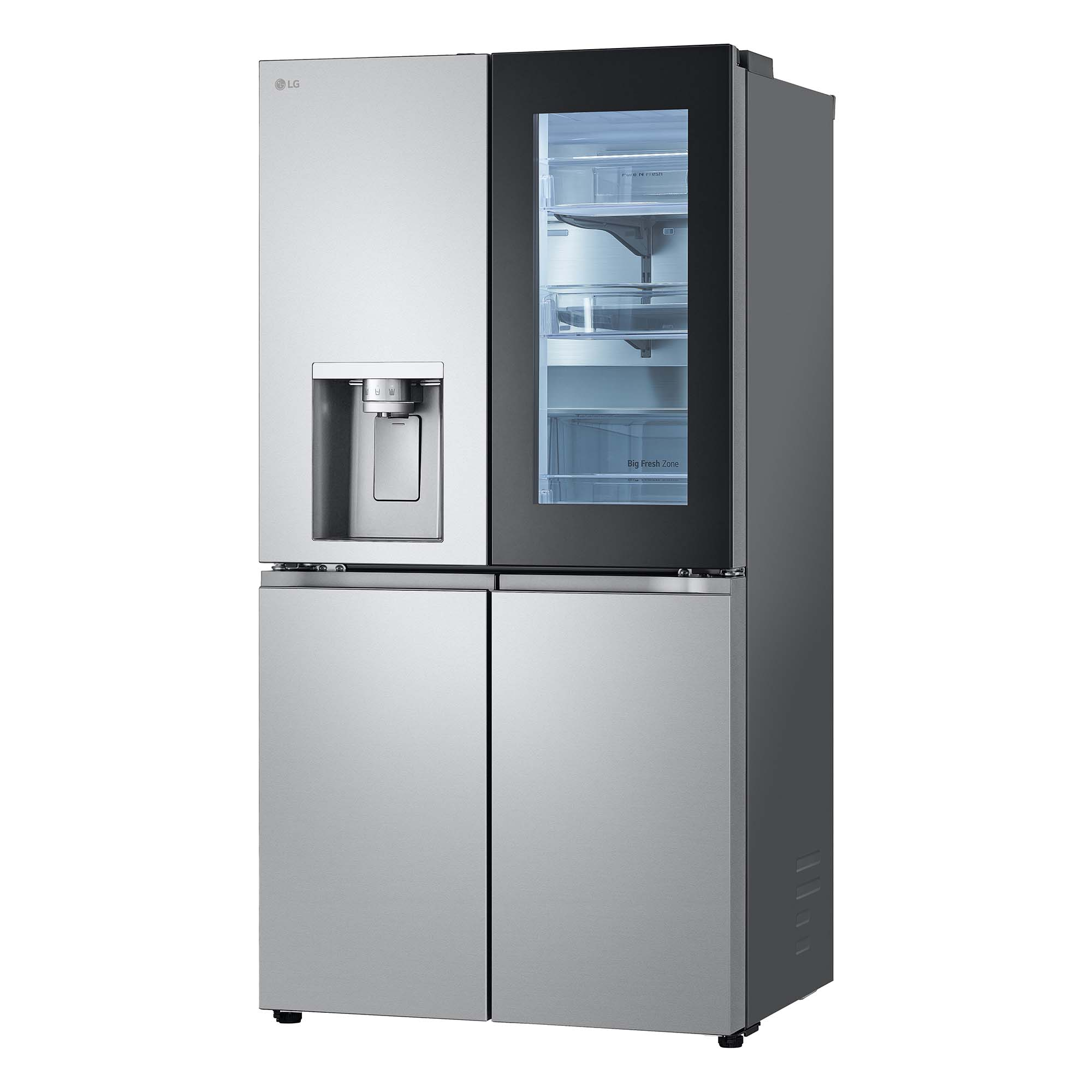 Refrigerador de acero inoxidable con puerta de vidrio y dispensador de agua lateral.