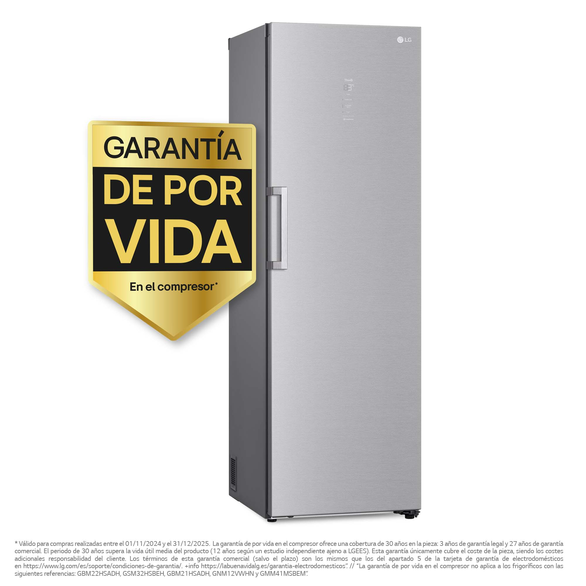 Congelador plateado, vista lateral, con etiqueta de garantía amarilla.