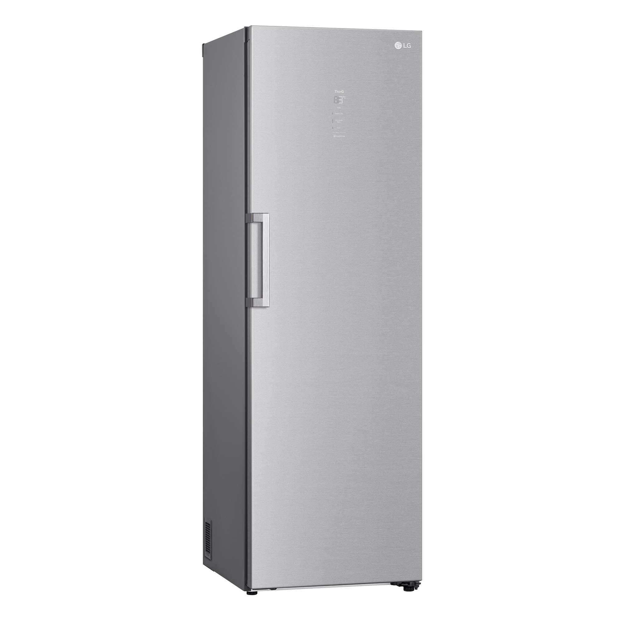 Un congelador LG alto y plateado con manija y panel de control en la puerta.