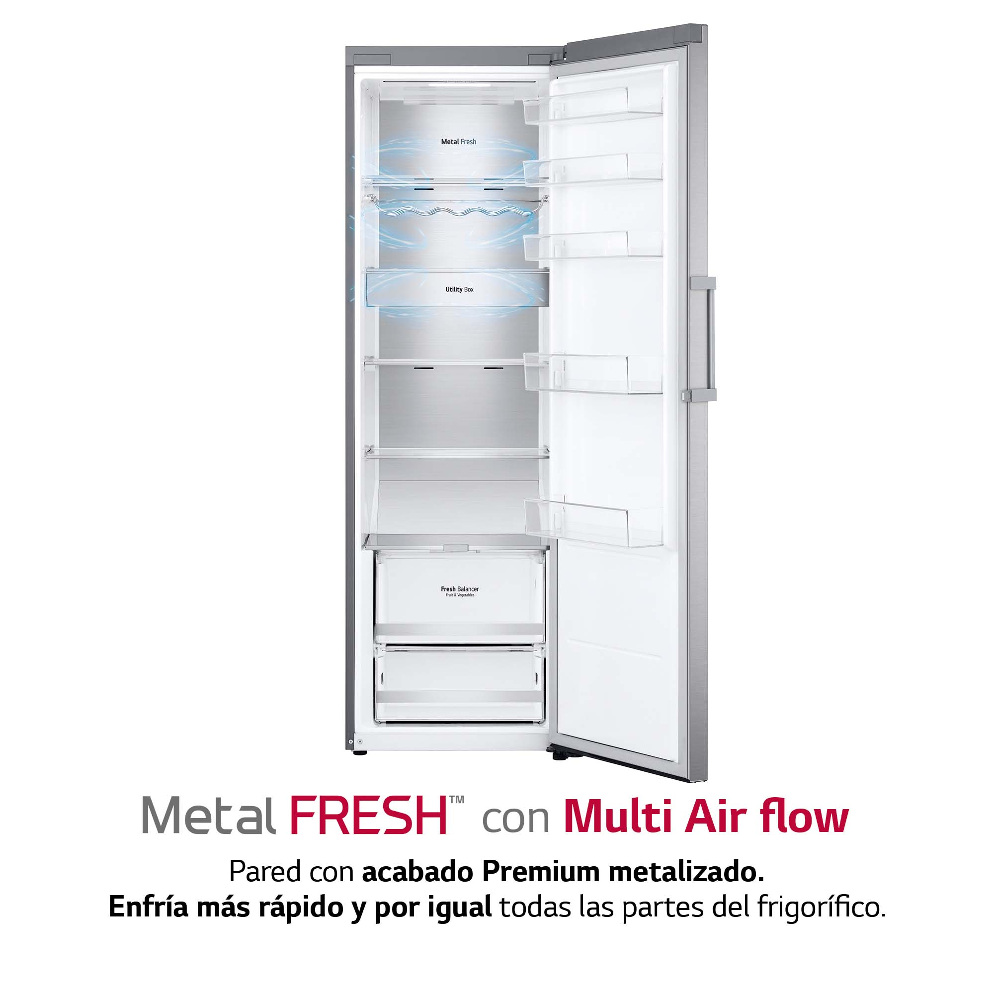 Refrigerador abierto, mostrando el interior metálico. Texto Metal Fresh y efectos de flujo de aire.