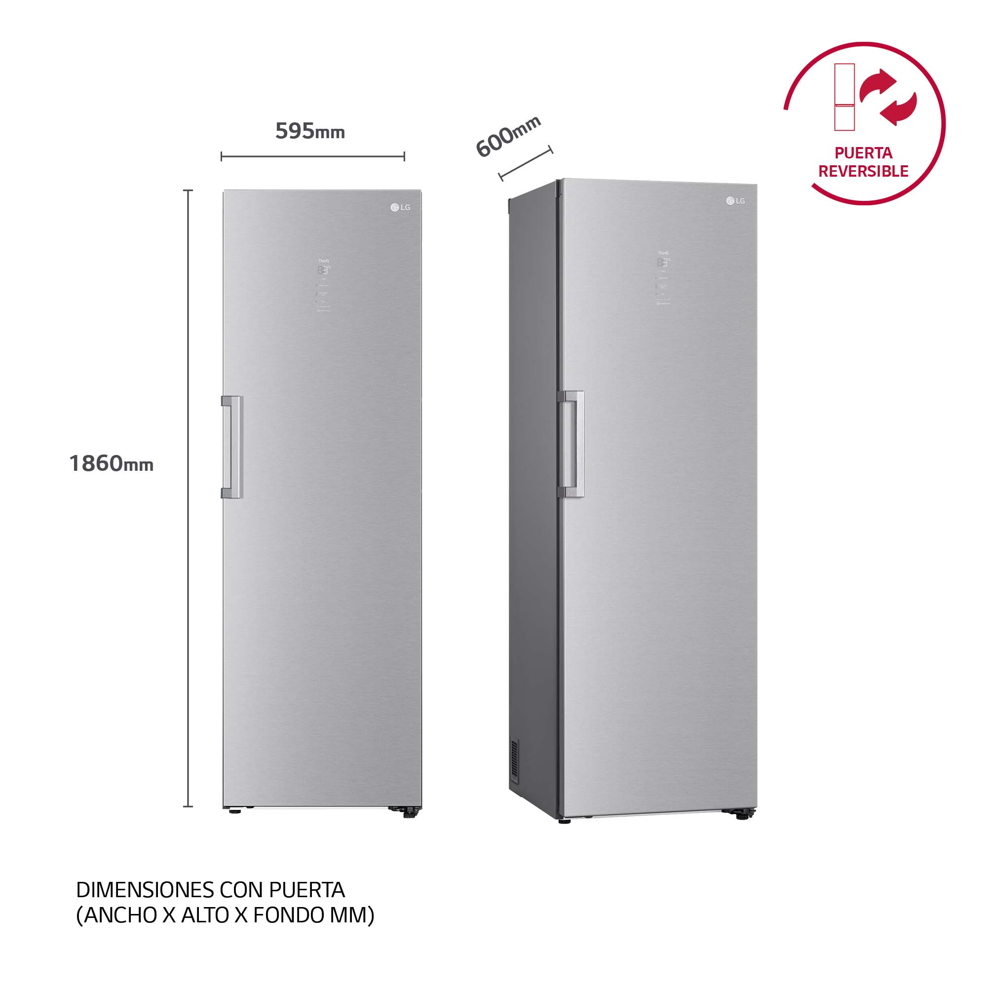 Dos refrigeradores plateados, uno con medidas y el otro con un indicador de puerta reversible.