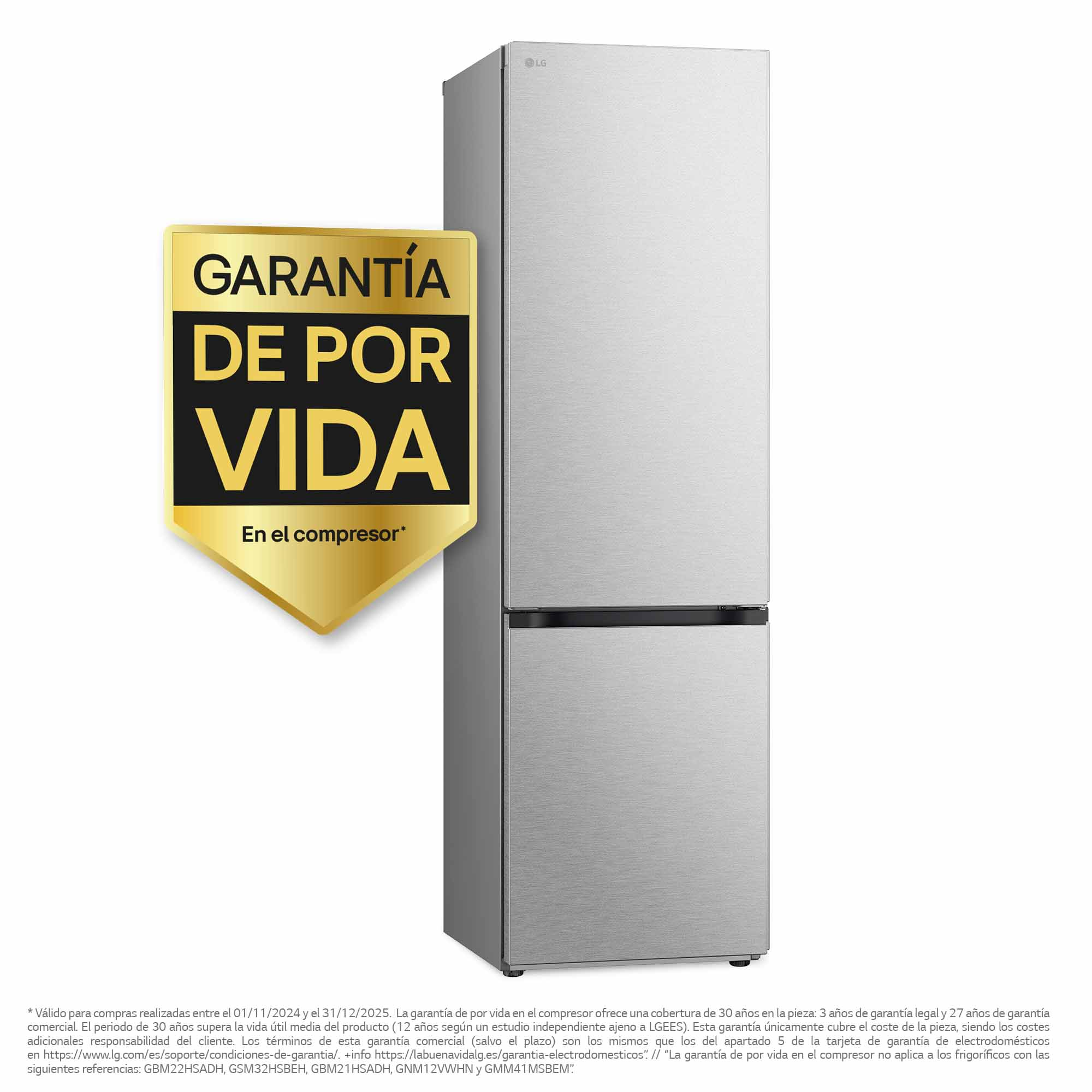 Un refrigerador de acero inoxidable con una pancarta de garantía de por vida.