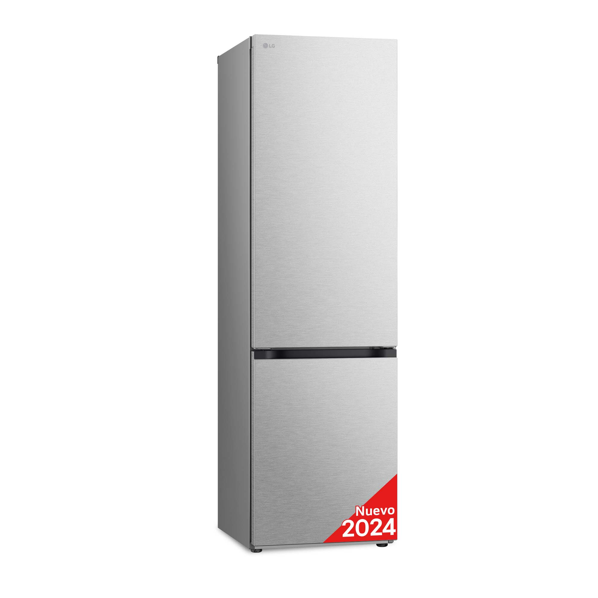 Nevera plateada con una pegatina roja 'Nuevo 2024' en la parte inferior.