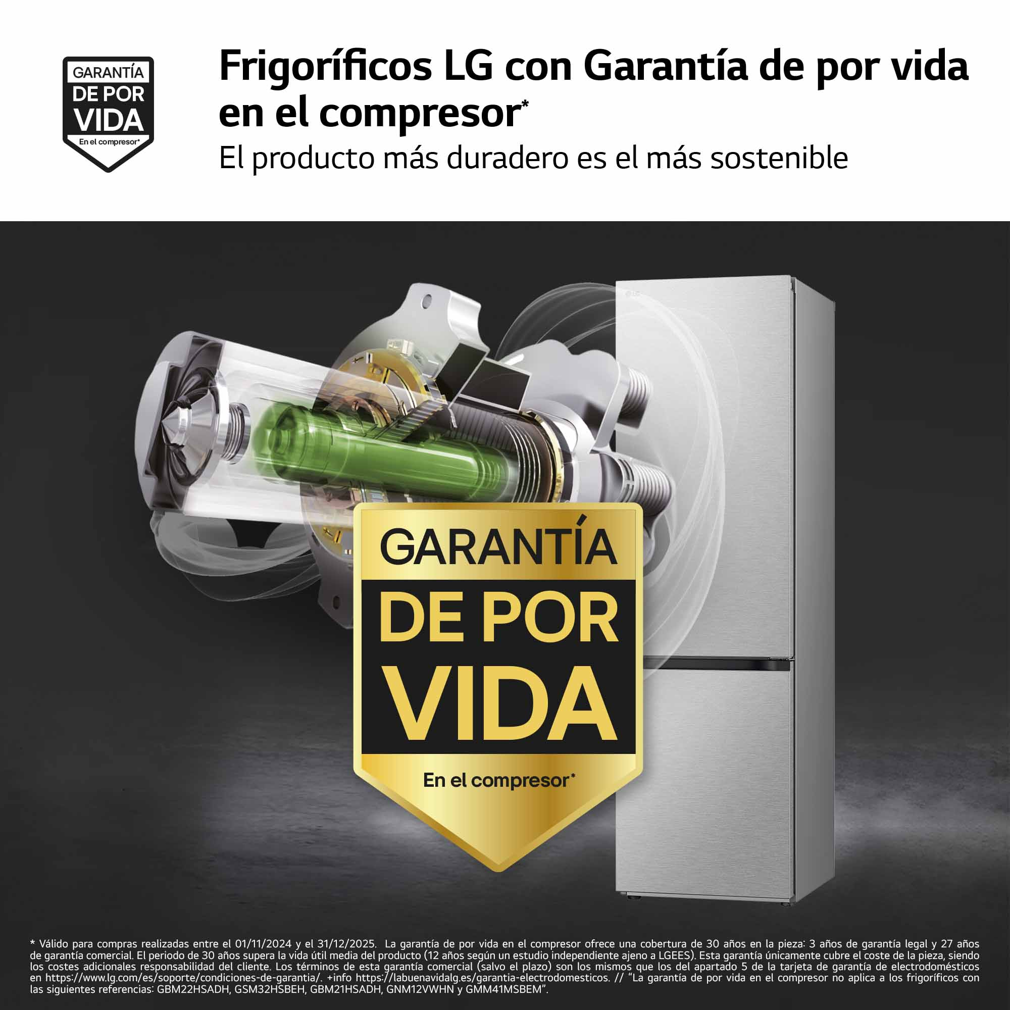 Frigorífico con vista en sección transversal. Texto: Garantía de por vida del compresor.
