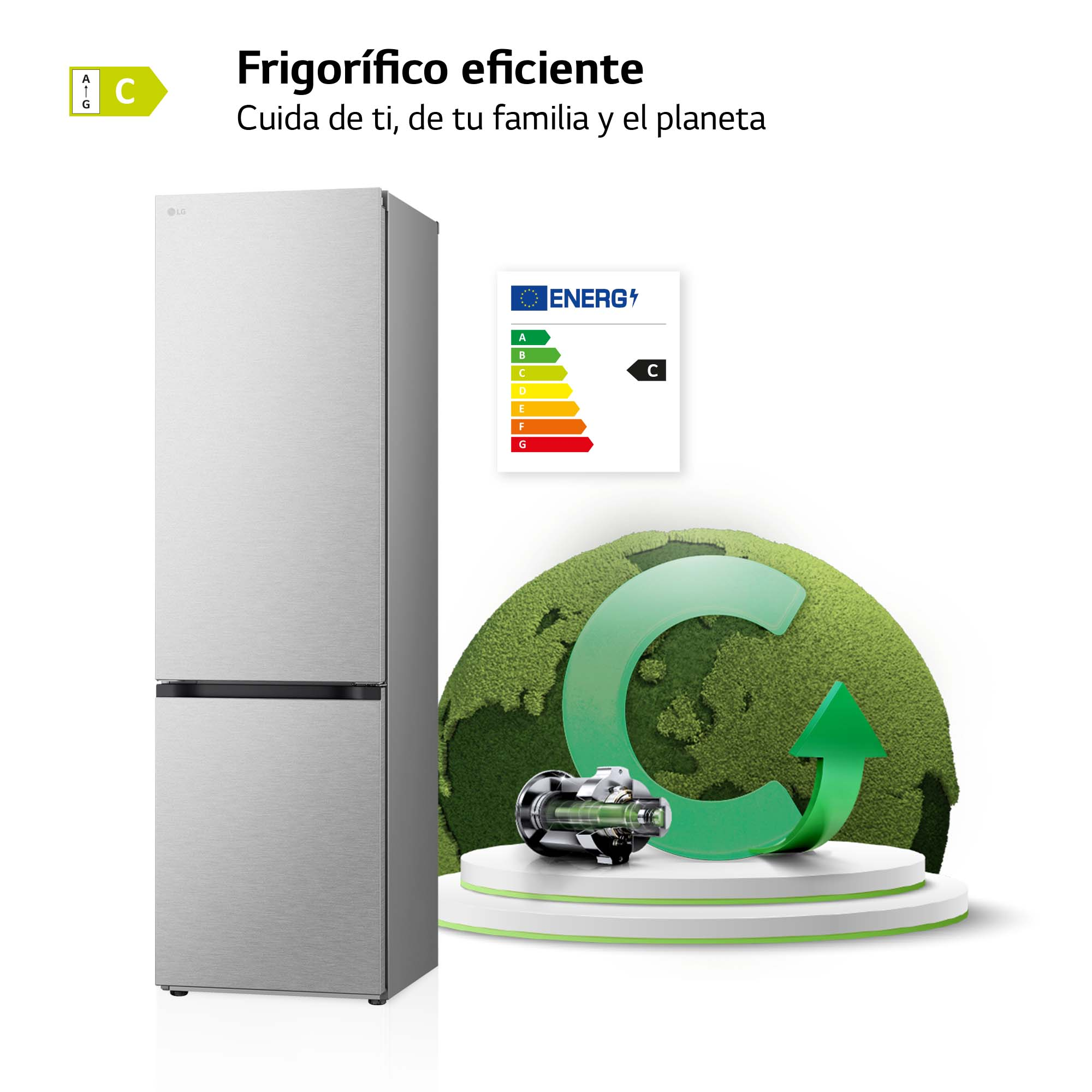 Un refrigerador con una etiqueta de eficiencia energética y un gráfico de la tierra verde.