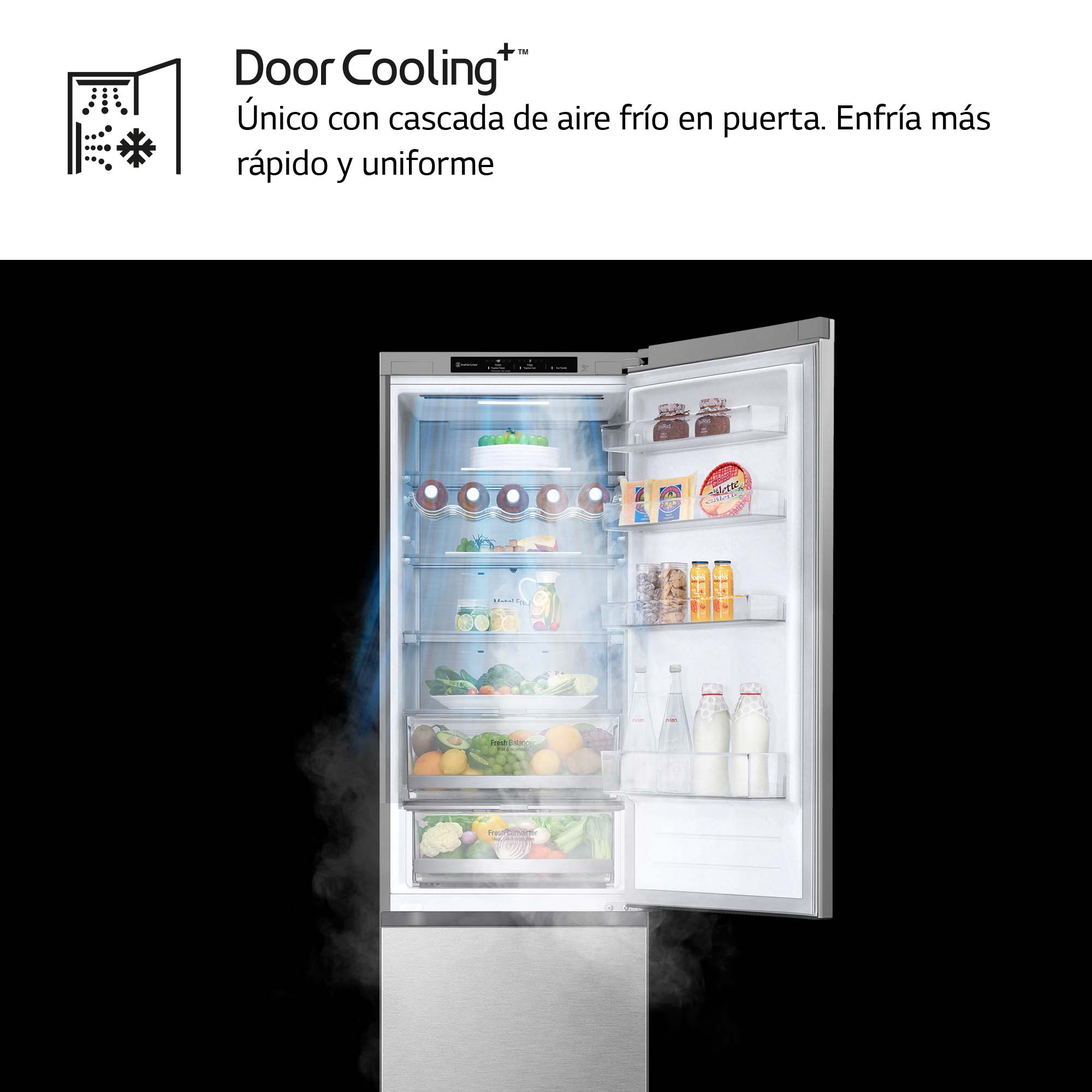 Refrigerador abierto mostrando alimentos, con efecto de aire frío.