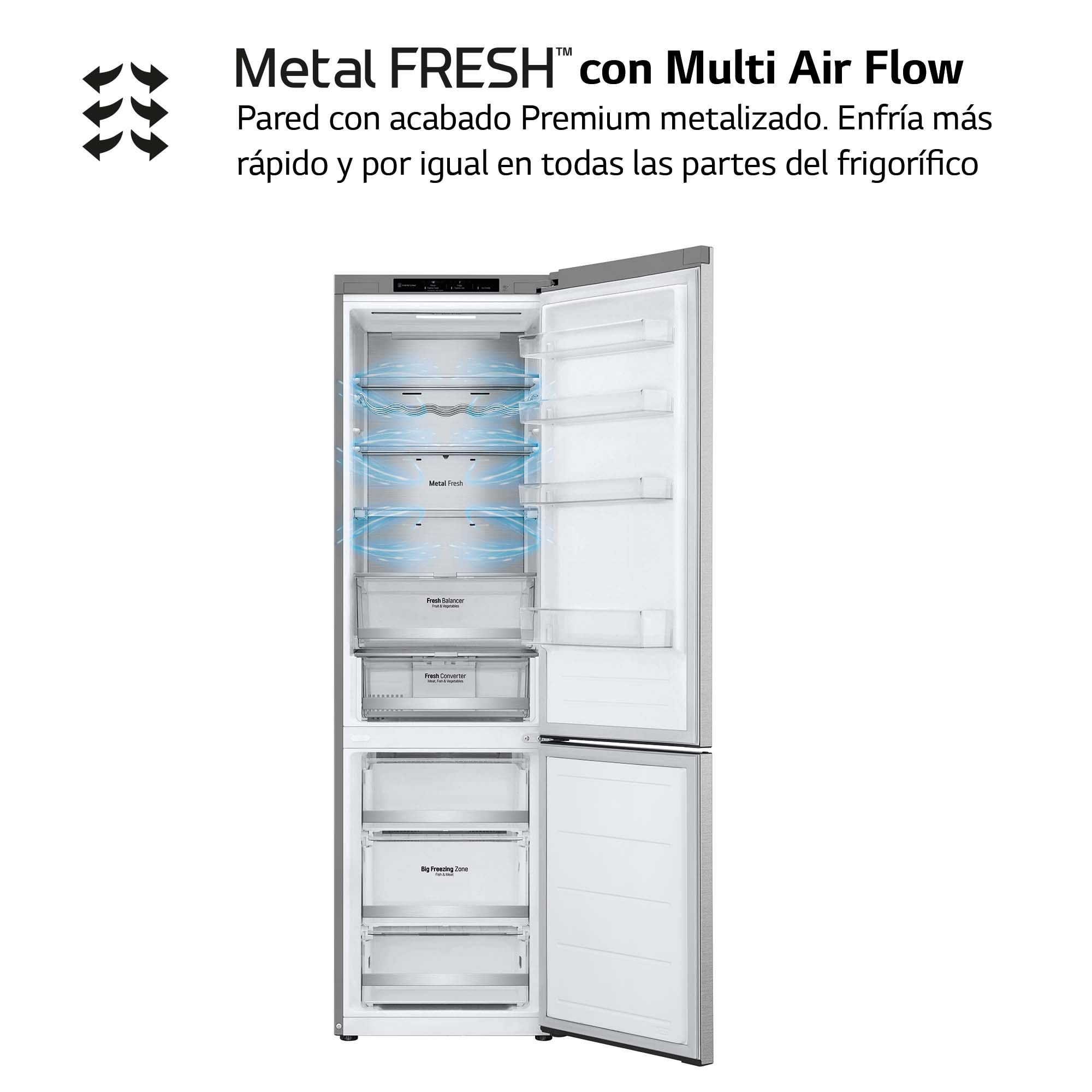 Un refrigerador con puertas abiertas. El interior muestra estantes y cajones. Hay texto presente.