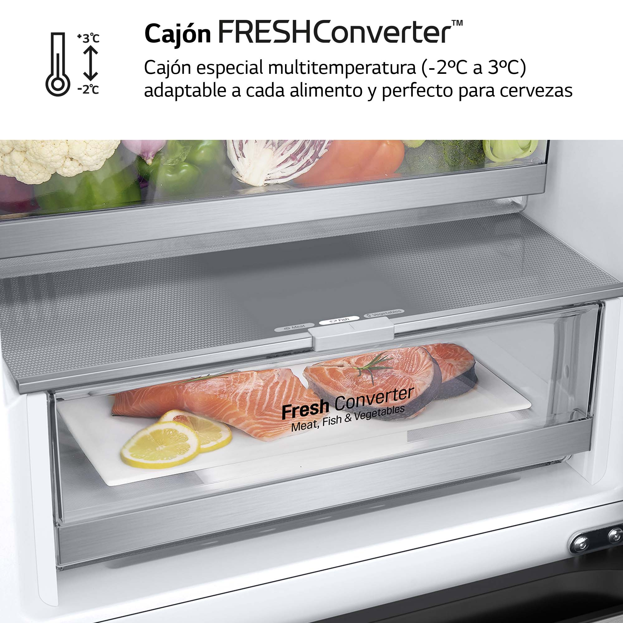 Cajón de refrigerador con salmón, limones y verduras. Etiqueta 'Fresh Converter' visible.