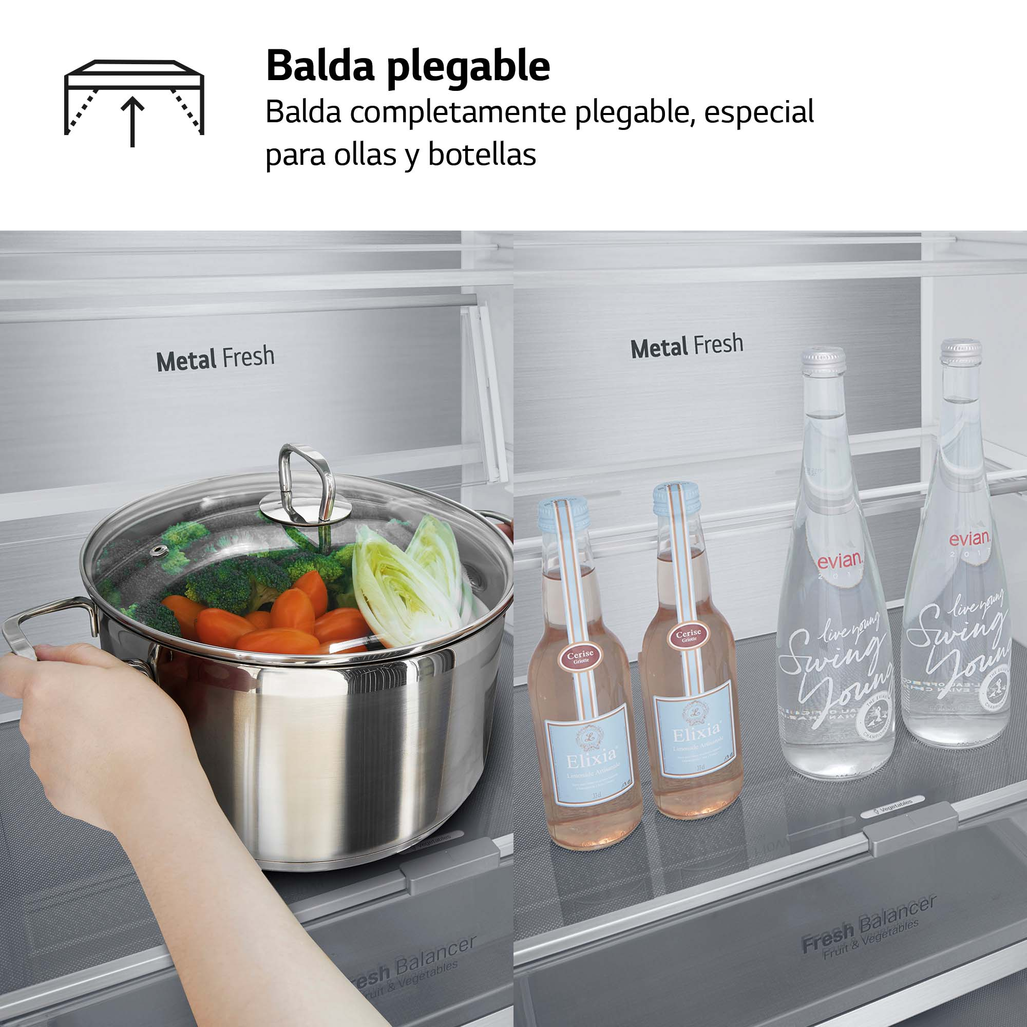 Interior de refrigerador con estantes con olla, botellas y texto en español.