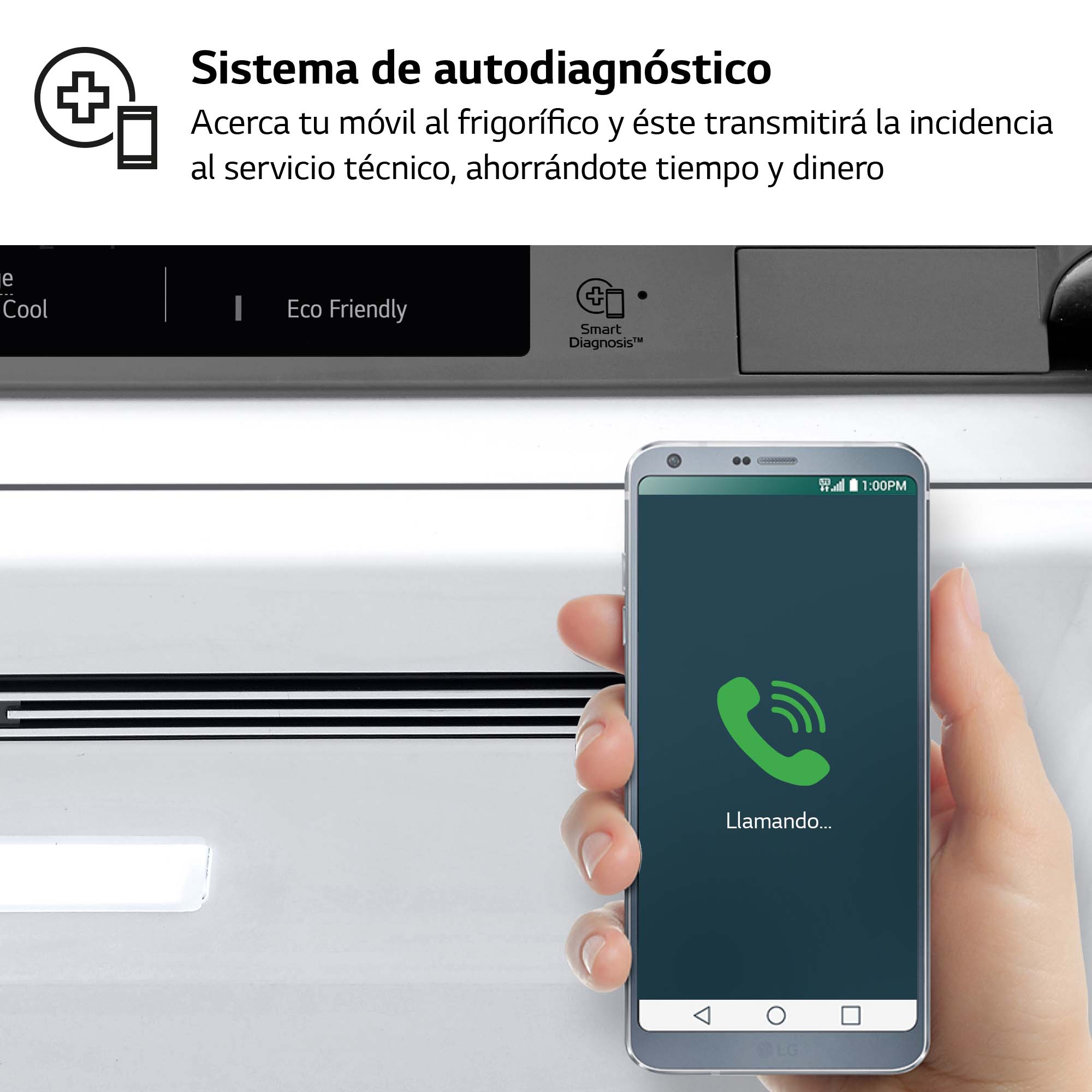 Un teléfono muestra una pantalla de llamada junto a un refrigerador con la frase 'Smart Diagnosis'.
