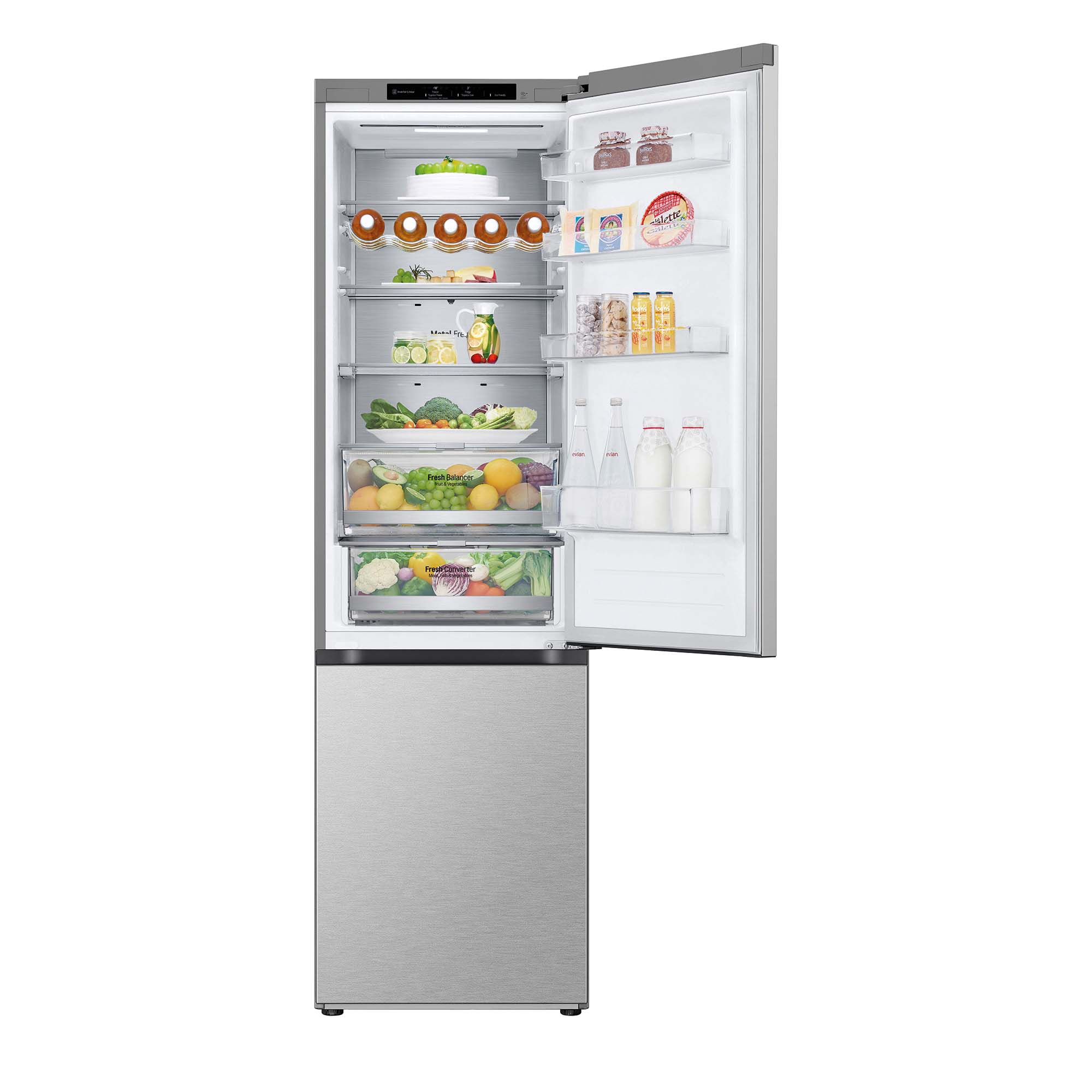 Un refrigerador con la puerta abierta, mostrando el interior.