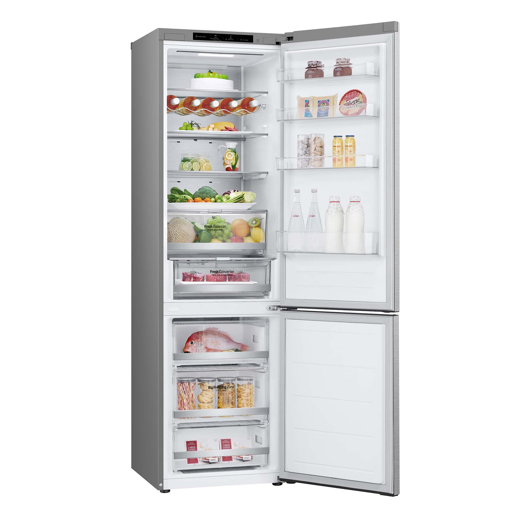 Refrigerador abierto con comida dentro. Exterior gris. Fondo blanco.