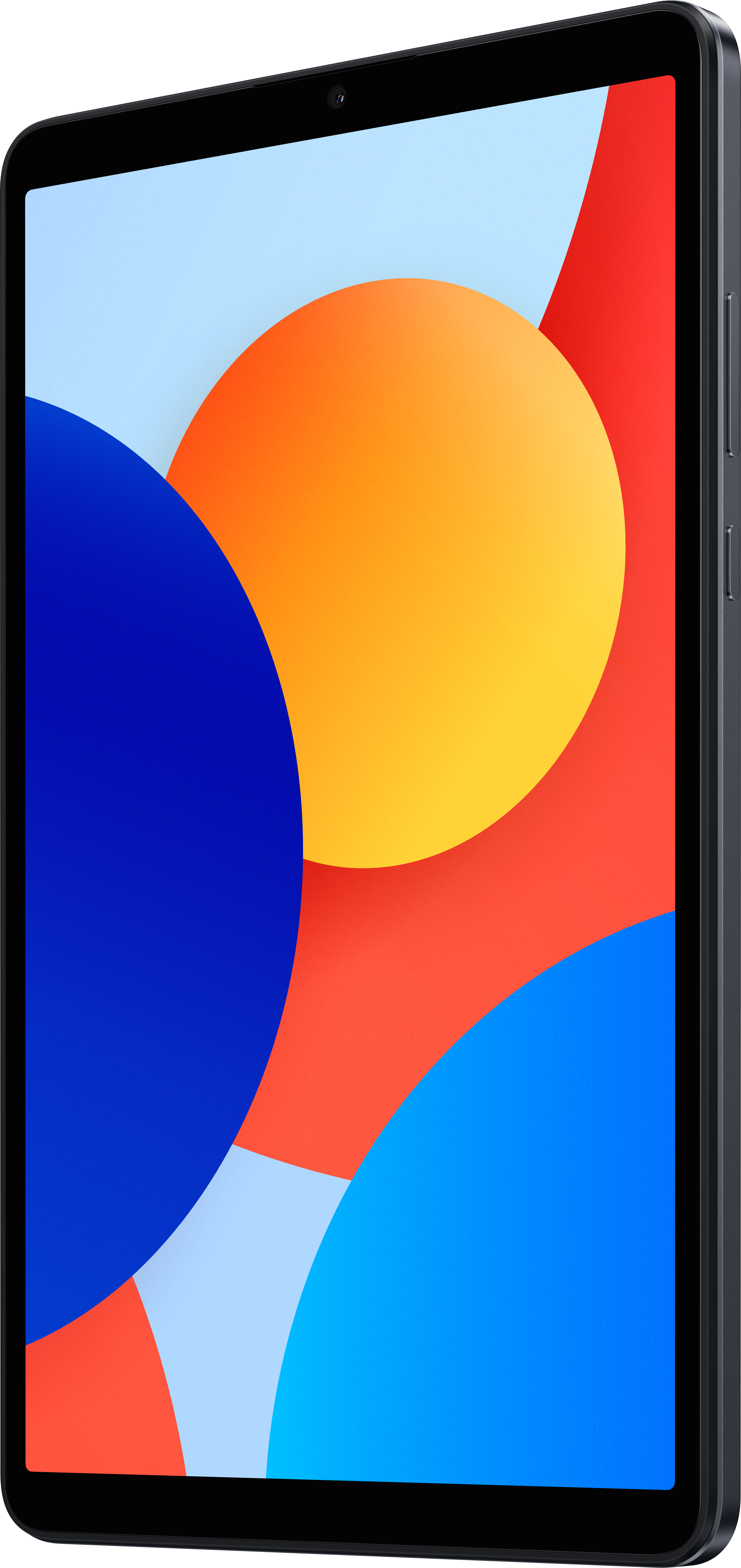 Schrägansicht des Tablets. Bildschirm zeigt bunte abstrakte Formen: Blau, Orange, Gelb und Rot. Schwarzer Rahmen, Kamera oben.