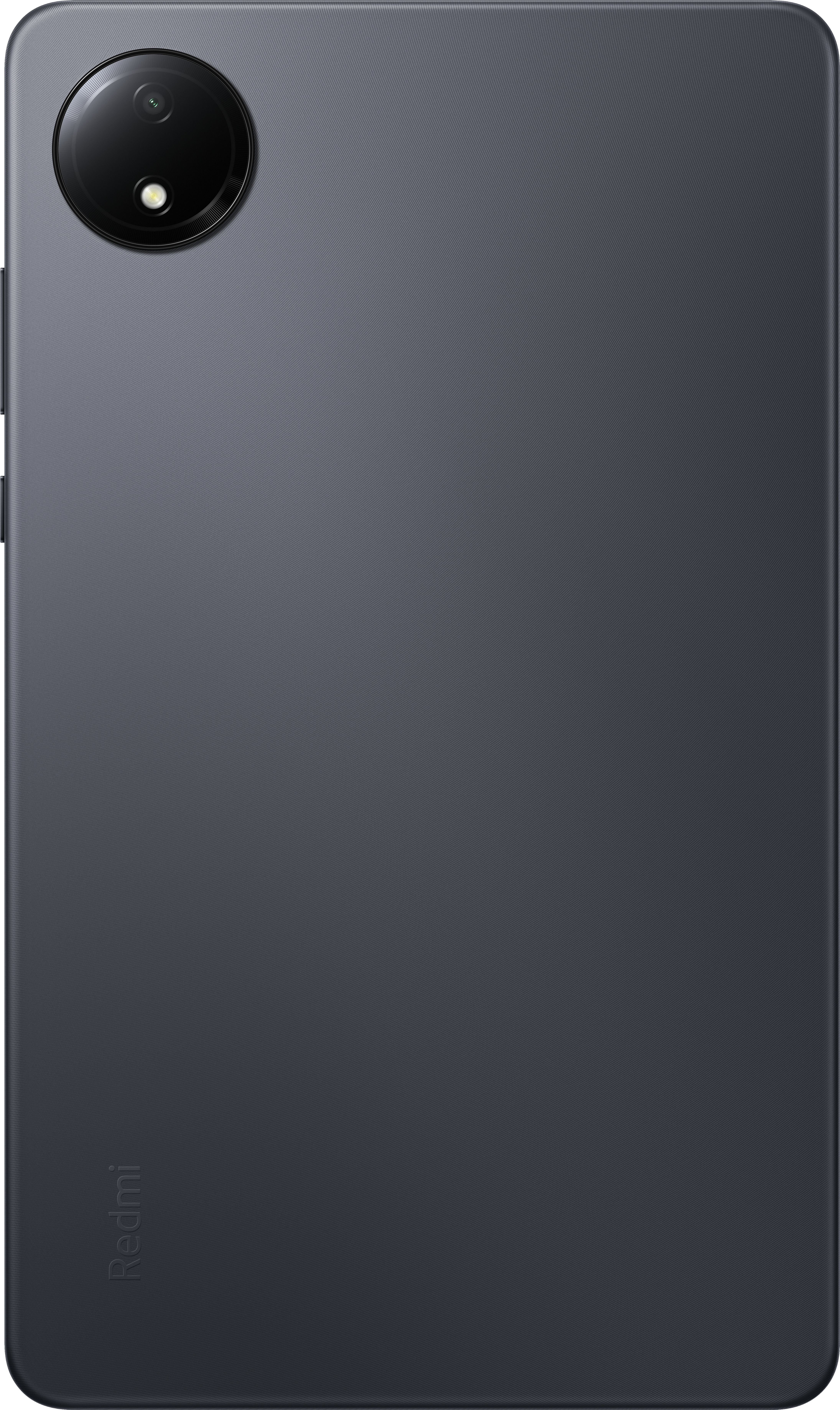 Dunkelgraue Smartphone-Rückseite. Oben befindet sich ein großes Kameraobjektiv. Das Redmi-Logo ist unten.