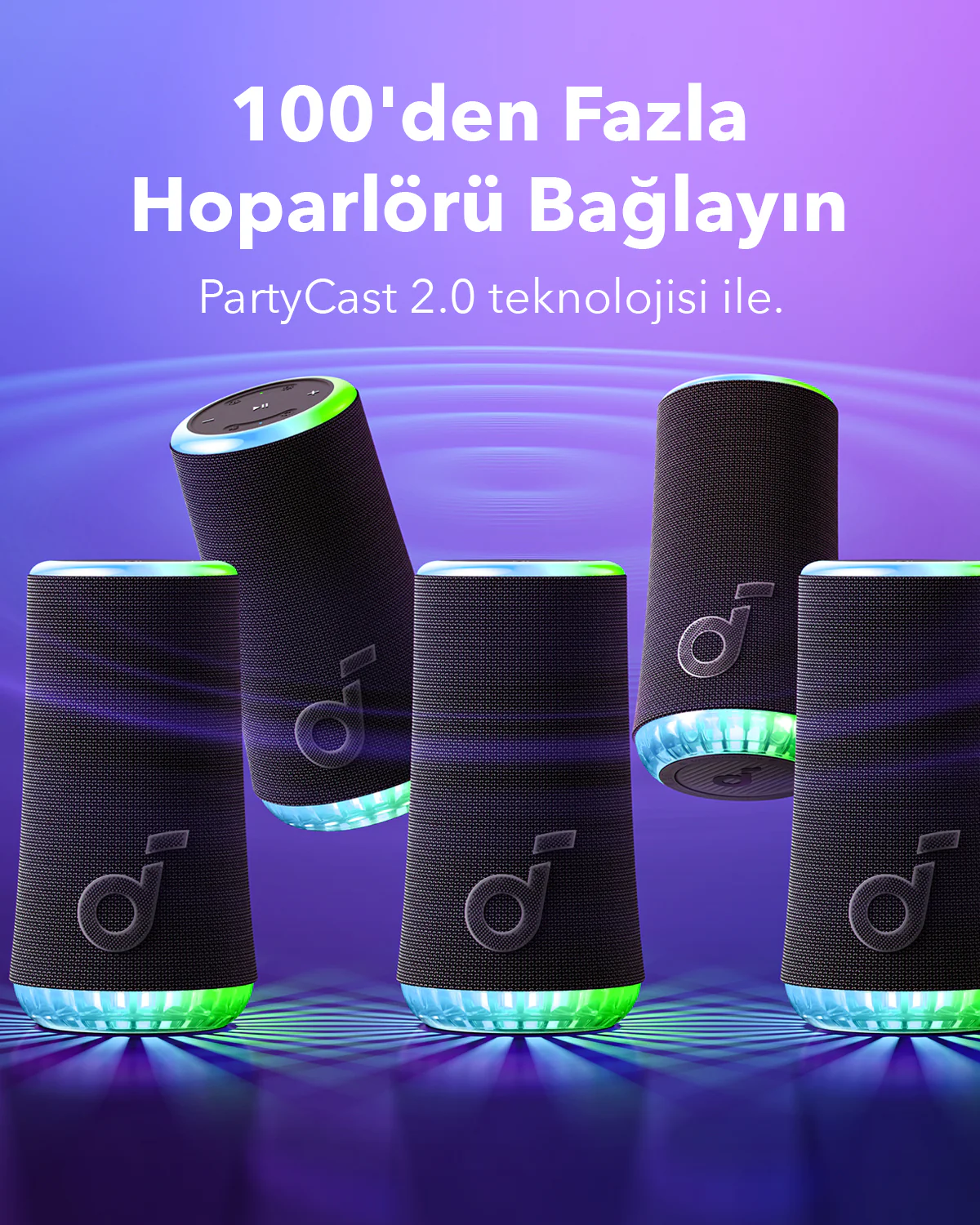 Renkli ışıklarla beş siyah hoparlör. Metin: 'PartyCast 2.0'.