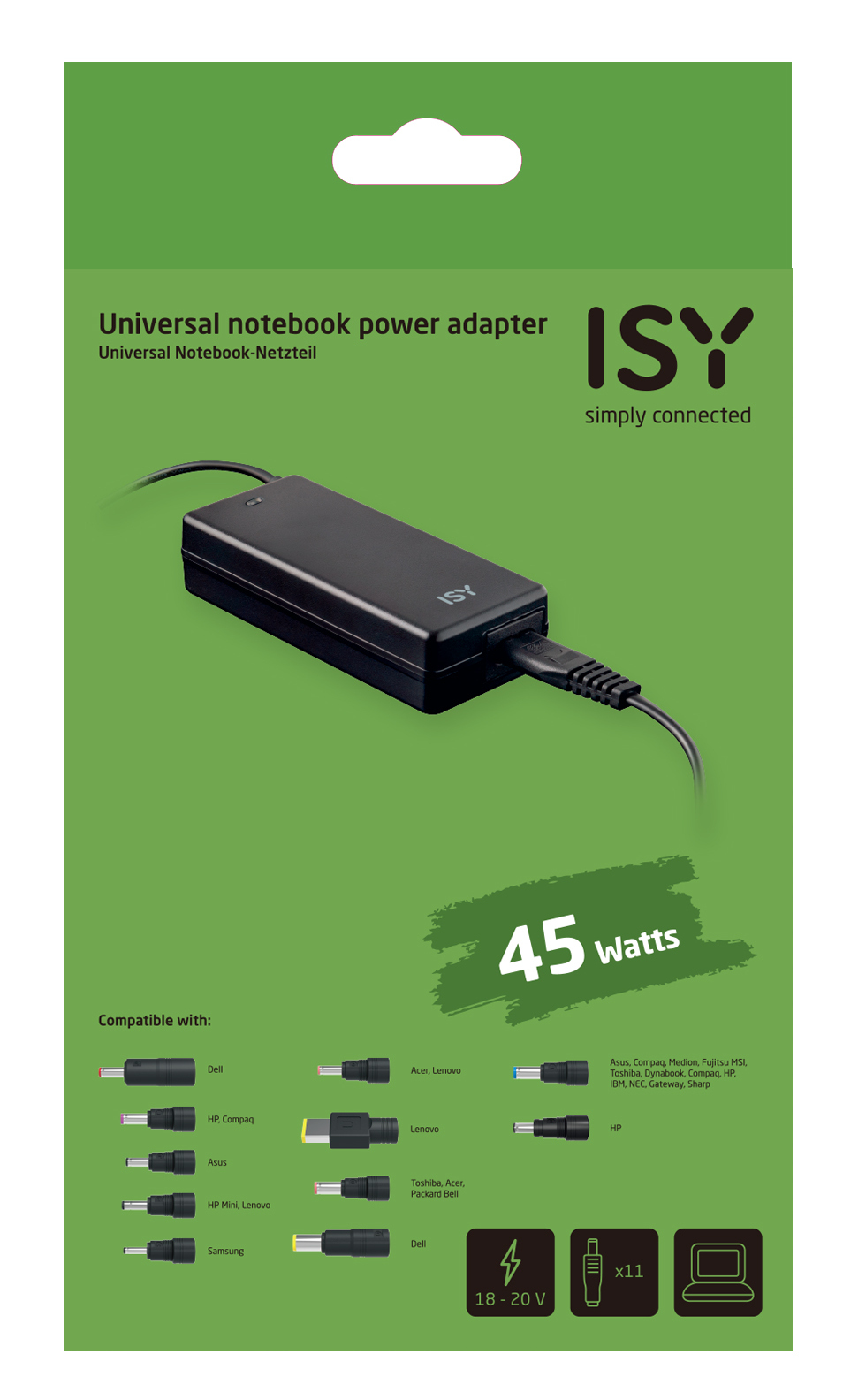 Czarny zasilacz do laptopa. Widoczna jest marka ISY.