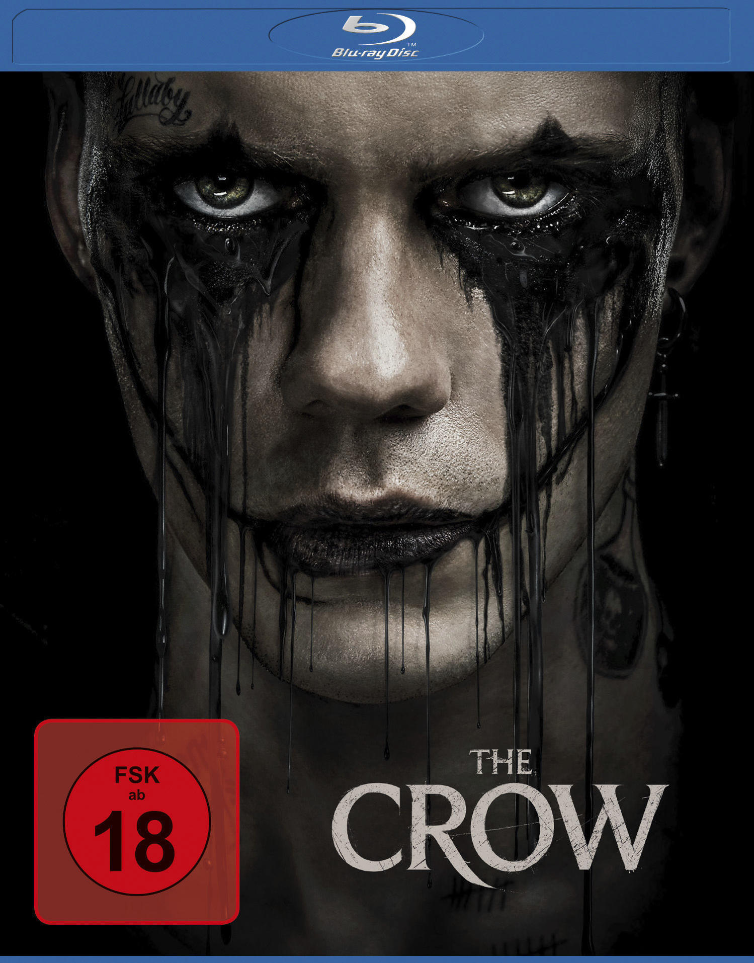 The Crow Blu-ray-Cover, Nahaufnahme eines Mannes mit dunklem Make-up.