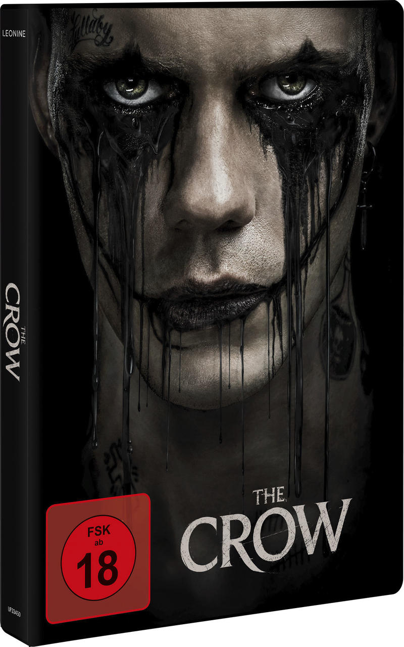 Filmcover mit dem Gesicht eines Mannes. Schwarze Farbe tropft herunter. Text: The Crow.