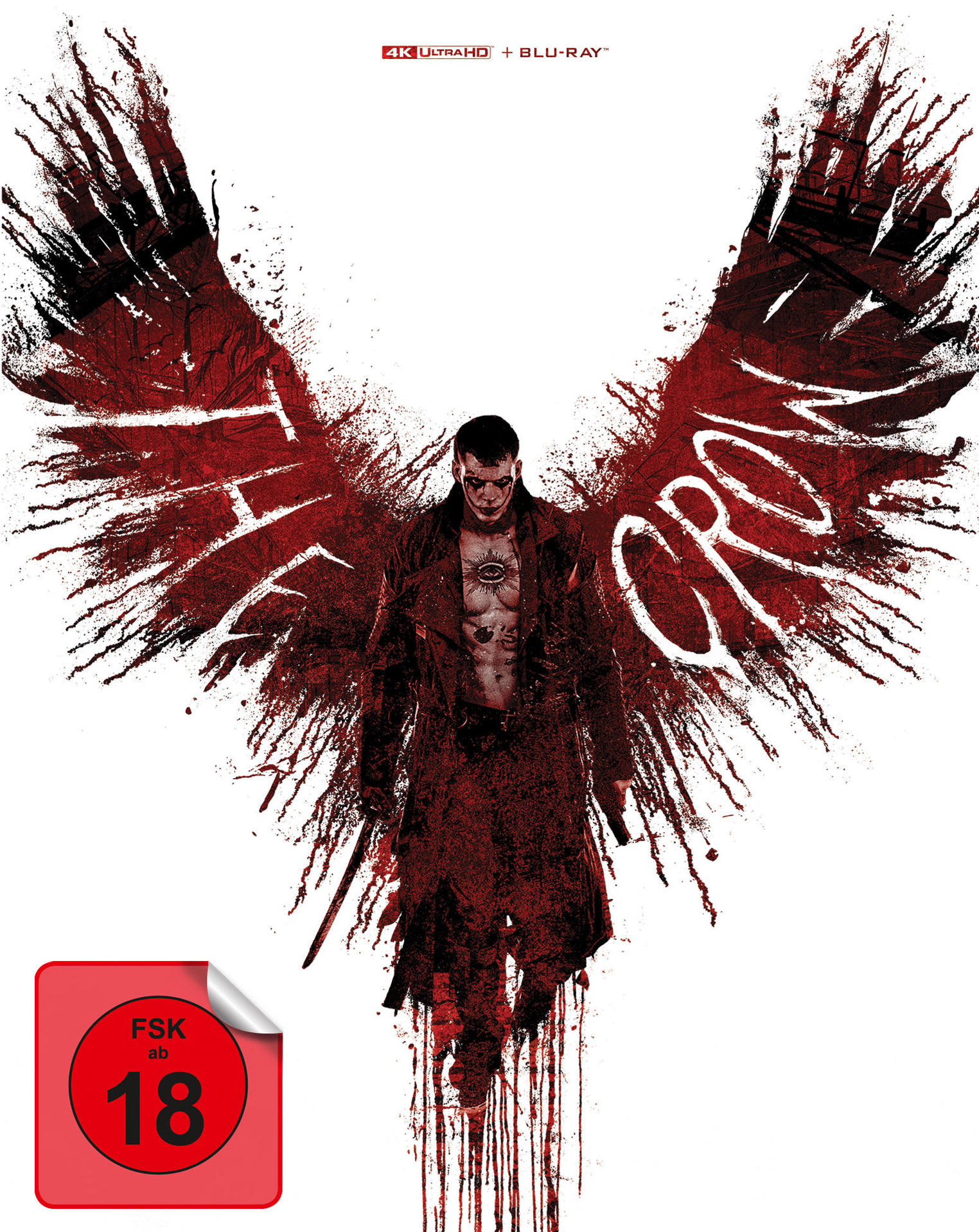Filmposter eines Mannes mit roten Flügeln und einem schwarzen Mantel. Der Titel lautet: The Crow. Rote und weiße Farben.