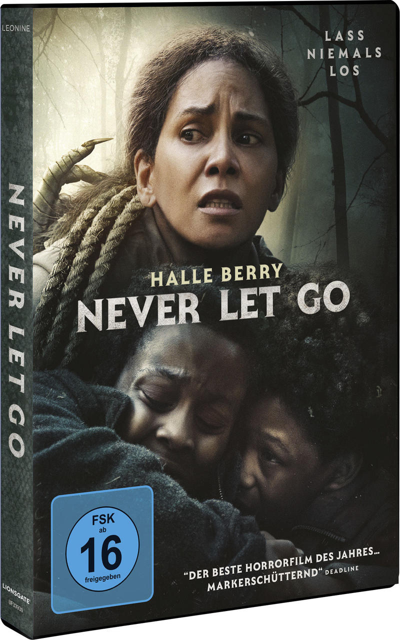 Filmcover: Halle Berry in 'Never Let Go', hält zwei Kinder, dunkle Waldkulisse.