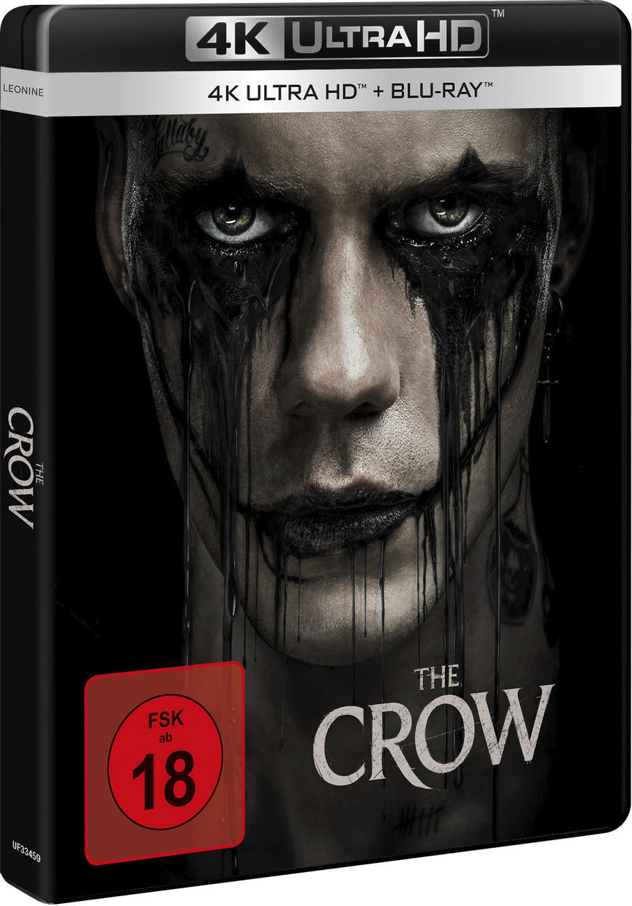 The Crow Blu-ray Hülle mit Nahaufnahme des Gesichts des Schauspielers. Schwarz und dunkle Farben.