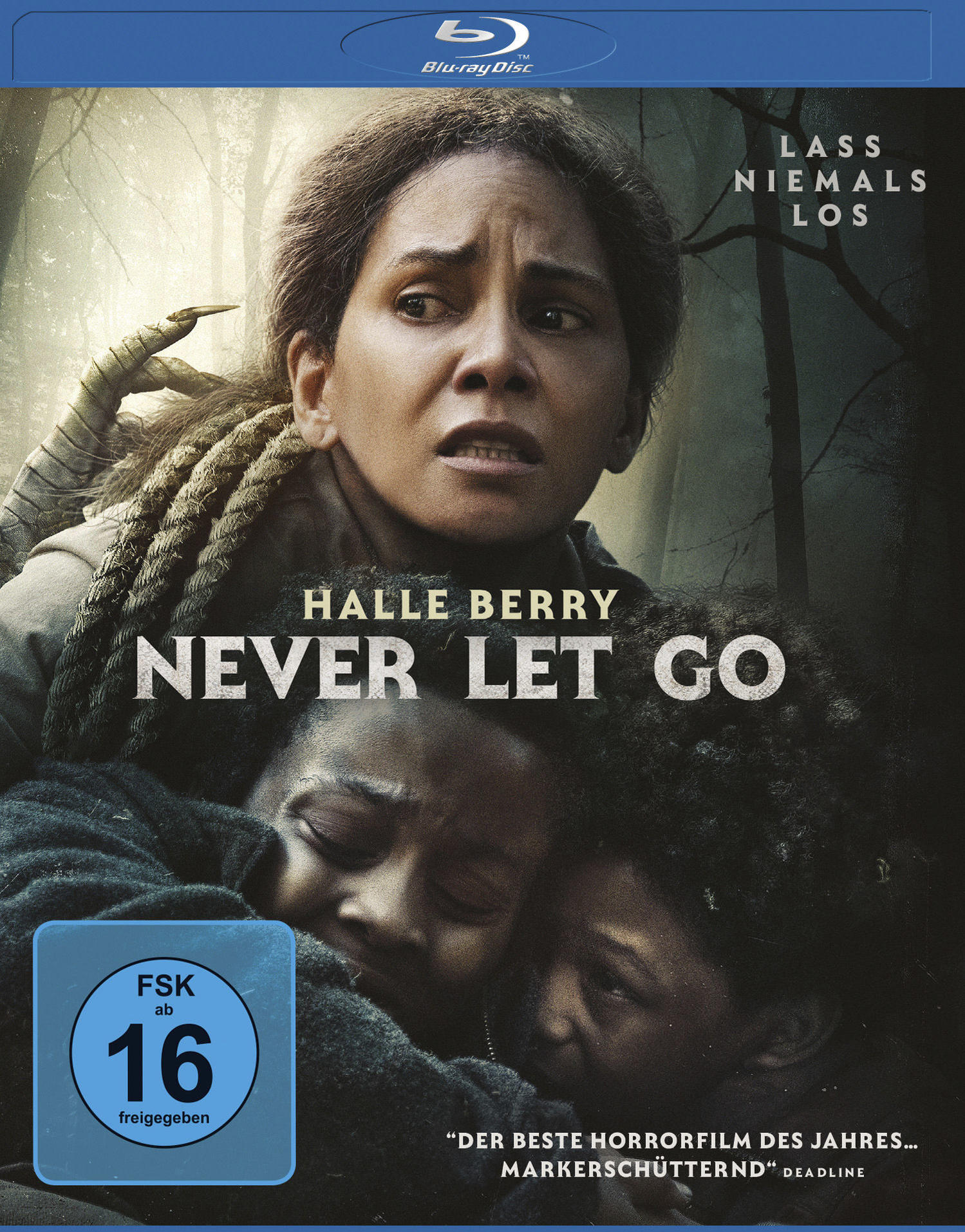Filmposter mit Halle Berry. Eine verängstigte Frau mit zwei Kindern. Deutscher Text oben.