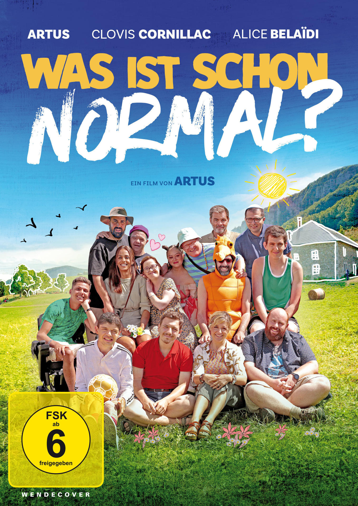 Filmplakat. Gruppe von Leuten auf einer grünen Wiese, blauer Himmel.