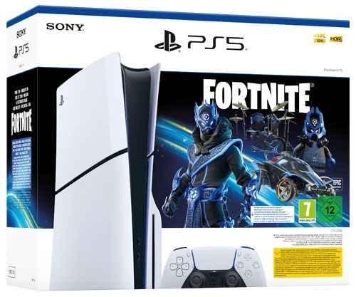 Een witte PlayStation 5 console met een Fortnite gamebox en een controller.