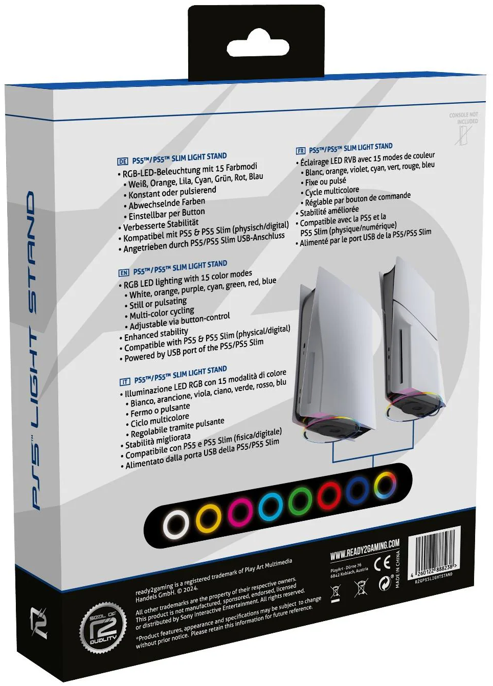 Boîte PS5 Light Stand, design blanc et coloré, texte multilingue.