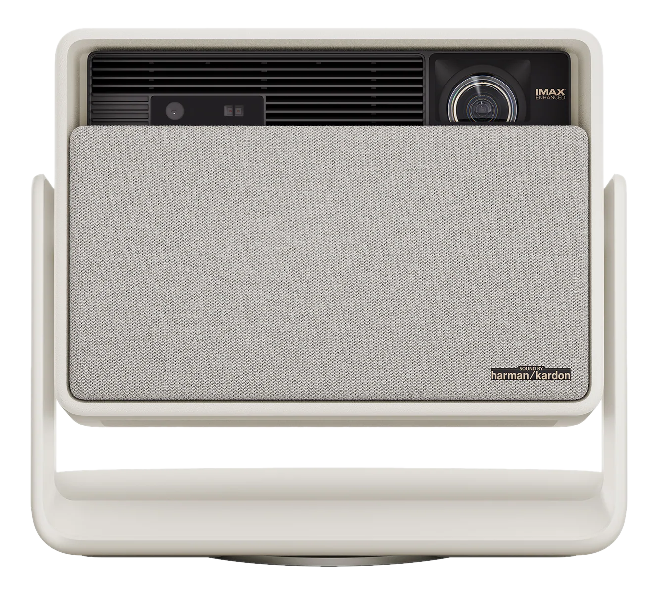 Projecteur blanc et gris. Avec haut-parleur, logo 'harman/kardon' et 'IMAX Enhanced'.