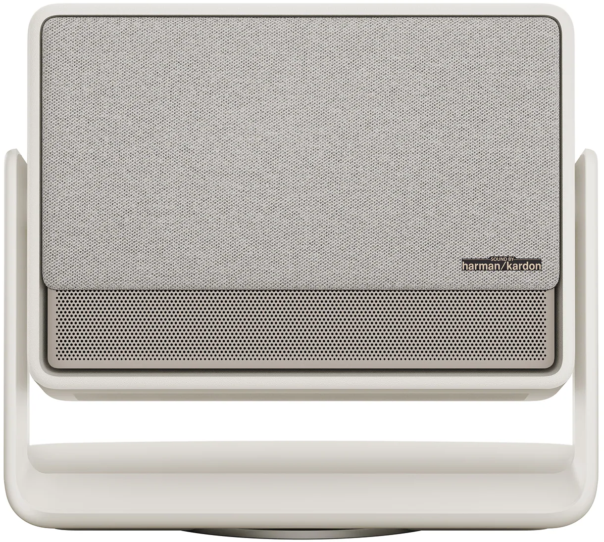 Haut-parleur Harman/Kardon, rectangulaire, cadre blanc, façade en maille grise. Fond blanc.