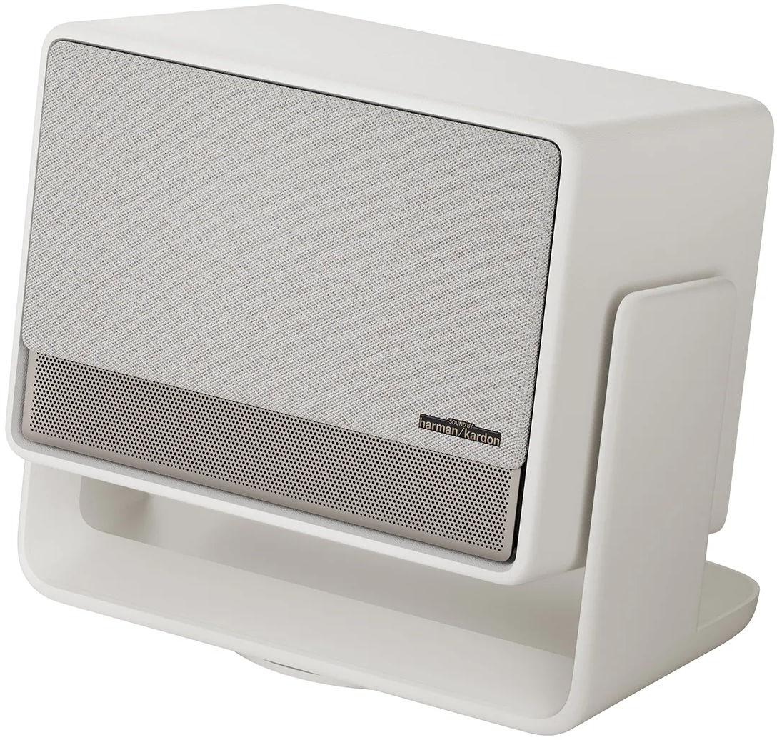 Un système d'enceintes Harman Kardon blanc.