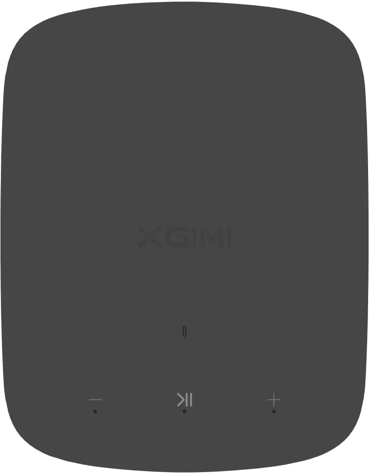 Un dispositivo rettangolare grigio scuro con pulsanti e la parola 'XGIMI'. Ha una parte superiore arrotondata.