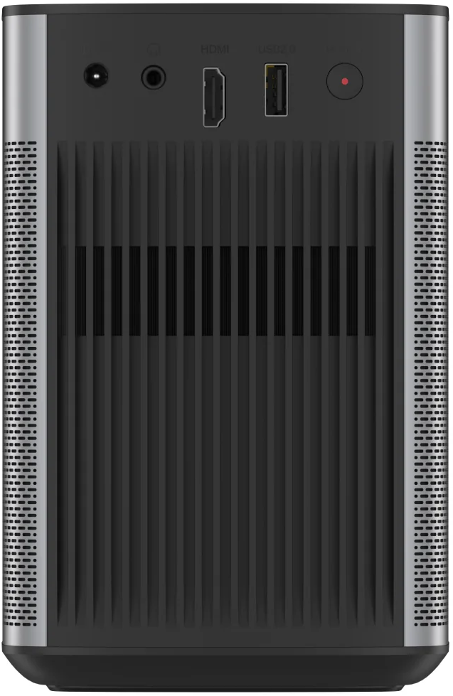 Il retro di un proiettore argento e nero. Le porte includono ingresso CC, HDMI, USB e un pulsante di accensione.