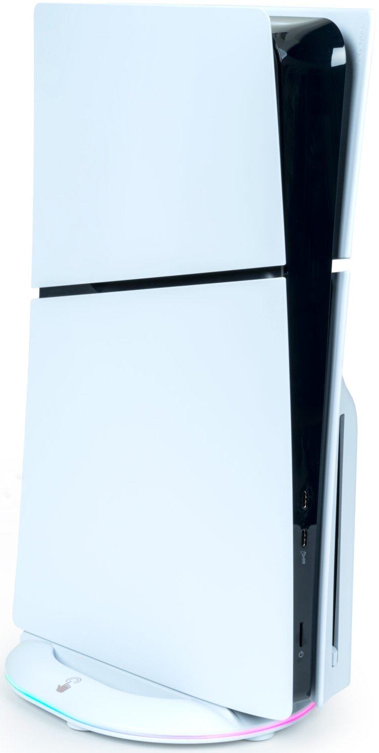 Console de jeu blanche et noire sur support blanc avec lumières.