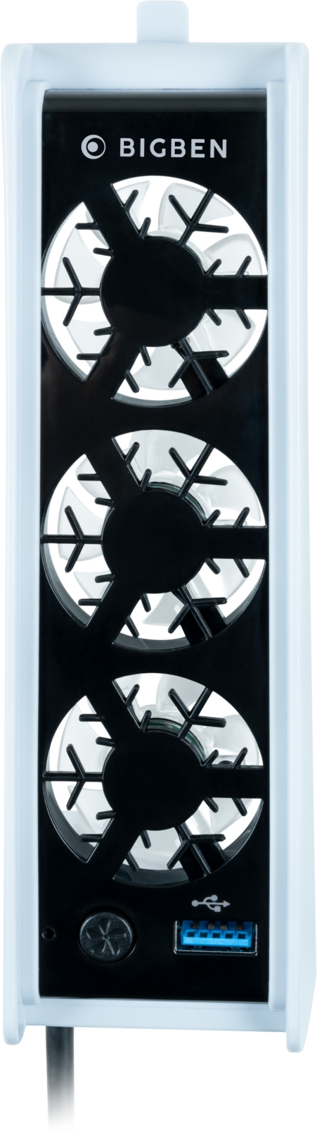 Panneau arrière de l'appareil Big Ben avec ventilateurs, port USB et bouton d'alimentation. Couleurs blanc et noir.