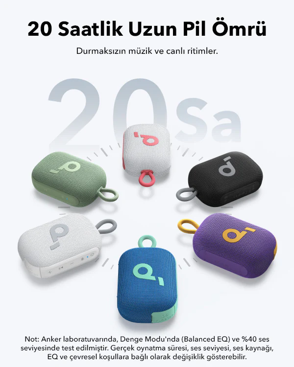 Altı Anker hoparlörlü ve '20 Saat Pil Ömrü' yazılı bir poster.