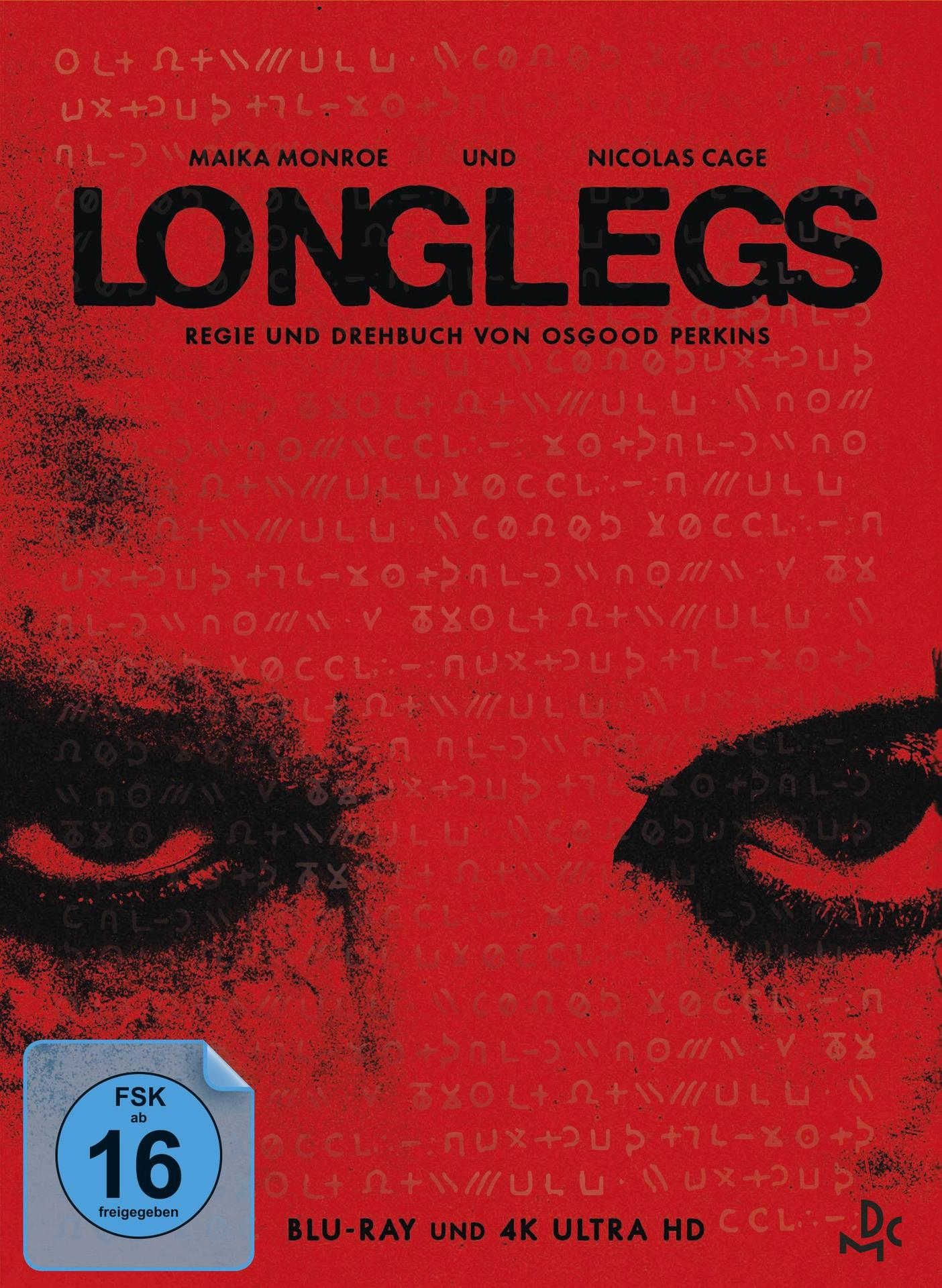 Filmposter für 'Longlegs' mit Maika Monroe und Nicolas Cage. Roter Hintergrund mit Text.