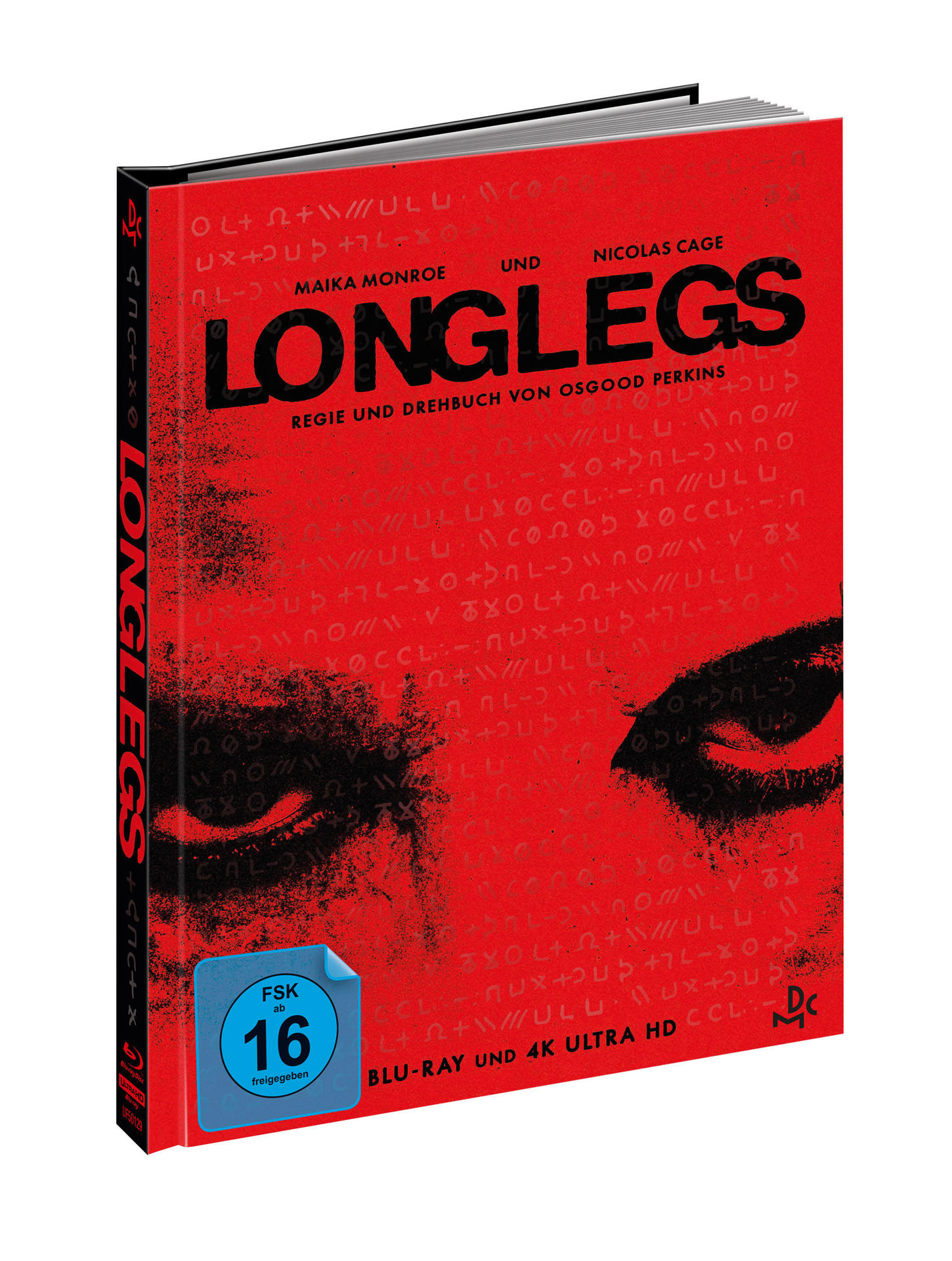 DVD-Cover eines Films mit rotem Hintergrund, Augen und dem Titel 'LONGLEGS'.